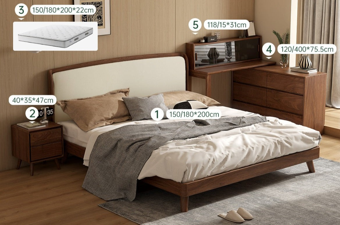 Bedroom four-piece set Creamy white technology fabric soft bed + mattress + bedside table + dressing table