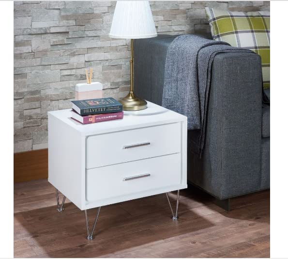 HomeRoots 2-Tier White Wooden Drawer Chrome Nightstand - Modern Bedside Table for Bedroom with Storage Space | Perfect for Small Spaces, Apartments & Guest Rooms