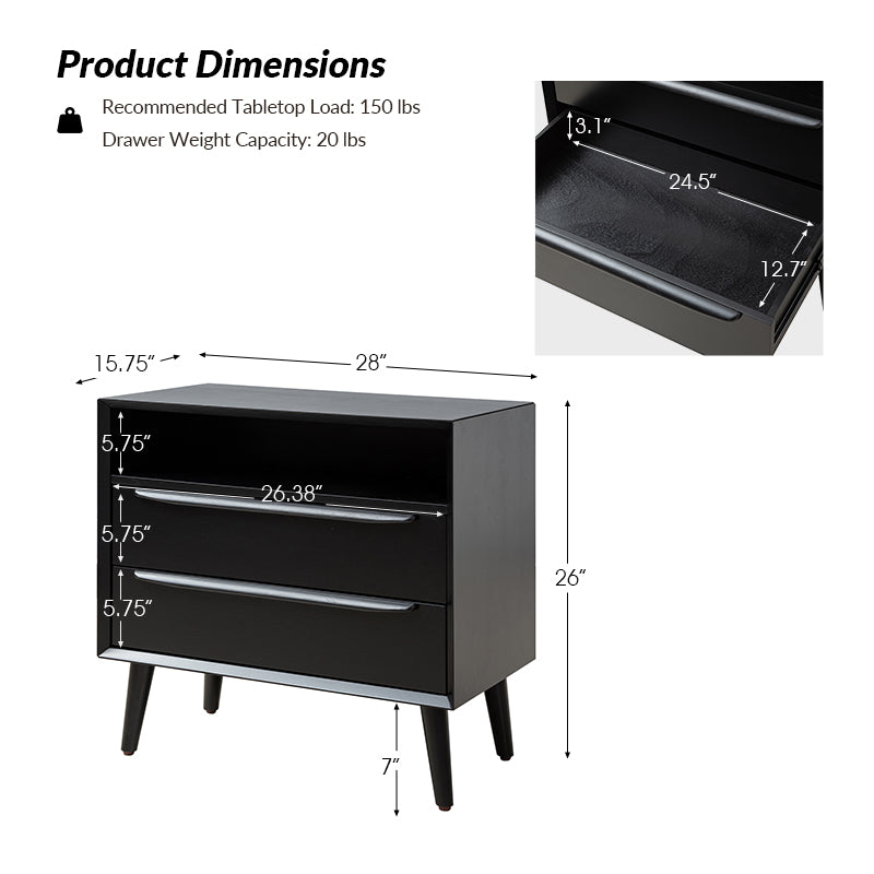 Mid Century Modern Nightstand with 2 Drawers & Built-in USB Outlets - Stylish Bedside Table for Bedroom, Living Room, or Office