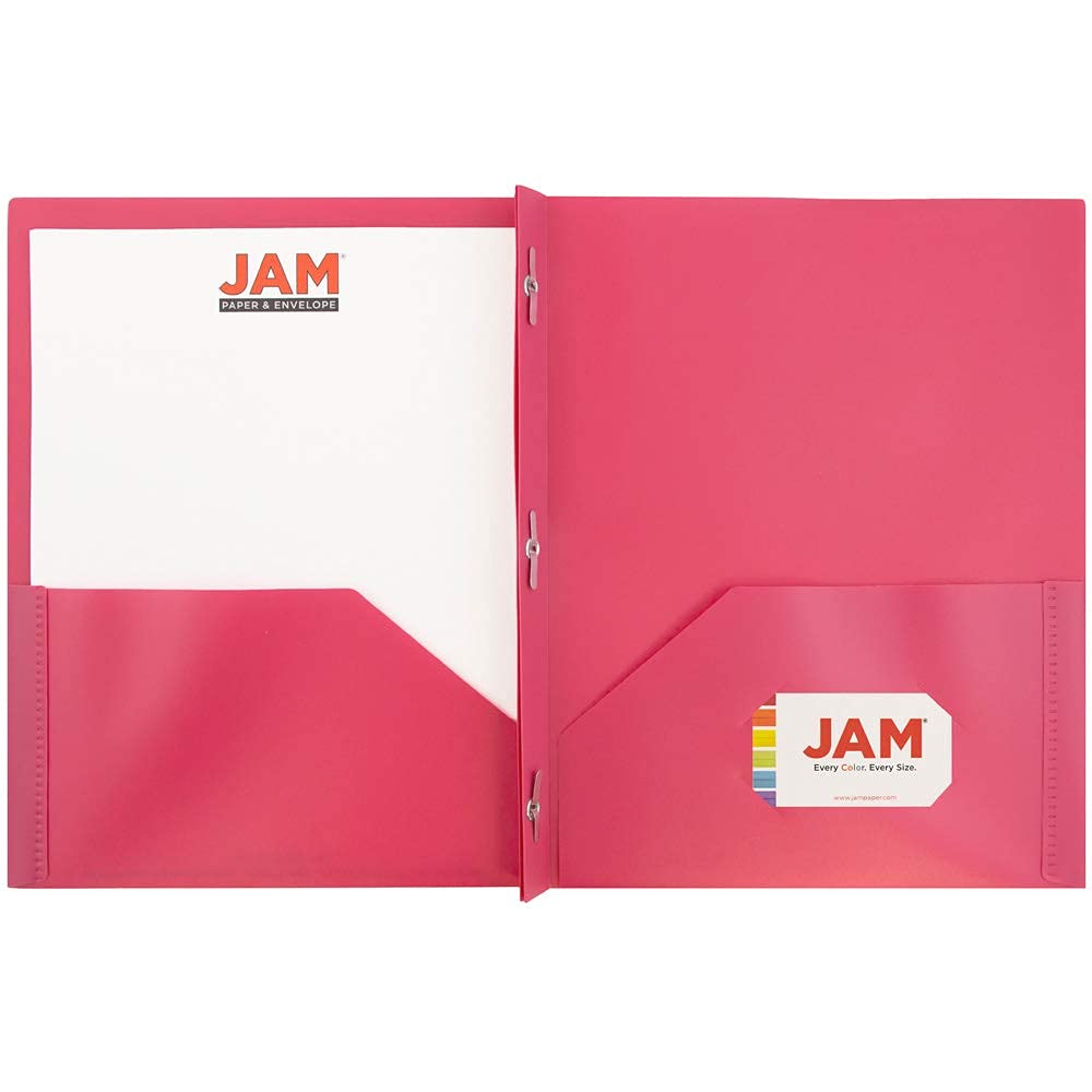 JAM PAPER Plastic Color POP Folders - 2 Pocket Durable Folders with Metal Prongs Fastener Clasps - Fuchsia Hot Pink - 6/Pack - Perfect for School, Office & Home Organization