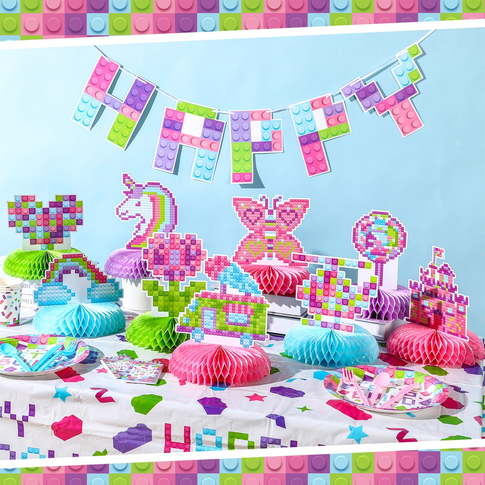 Colarr 9-Piece Pink Honeycomb Building Block Party Set - Girls Birthday Party Decorations, Table Centerpieces, Cake Topper - Perfect for Kids Brick-Themed Birthday Parties, Baby Showers & DIY Decor