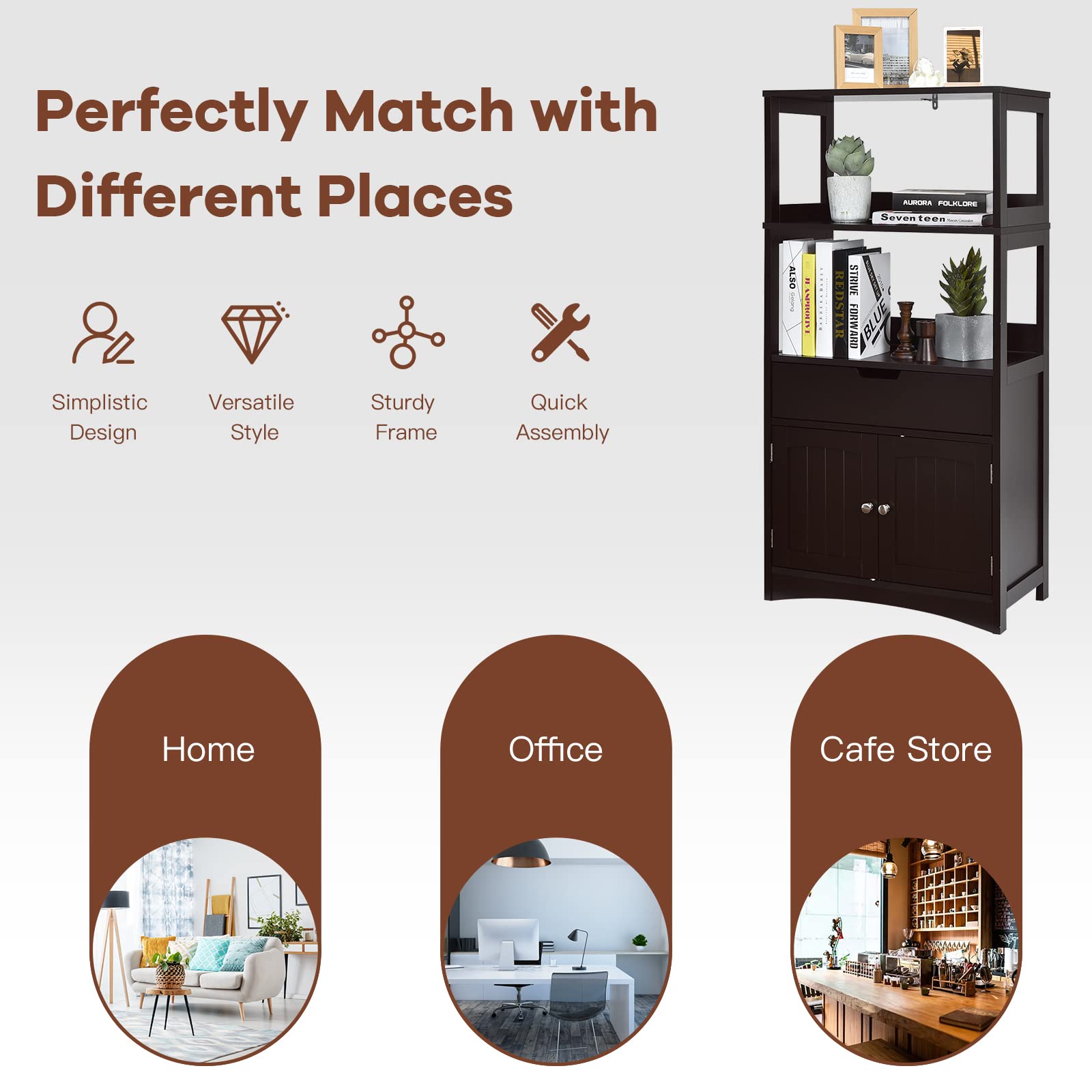 HAPPYGRILL Freestanding Bathroom Floor Cabinet with 2 Open Shelves, Drawer & Door - Anti-Tip Storage Organizer for Bathroom, Living Room, Entryway & Kitchen - Space-Saving Home Organization Solution for Towels, Toiletries & Decor