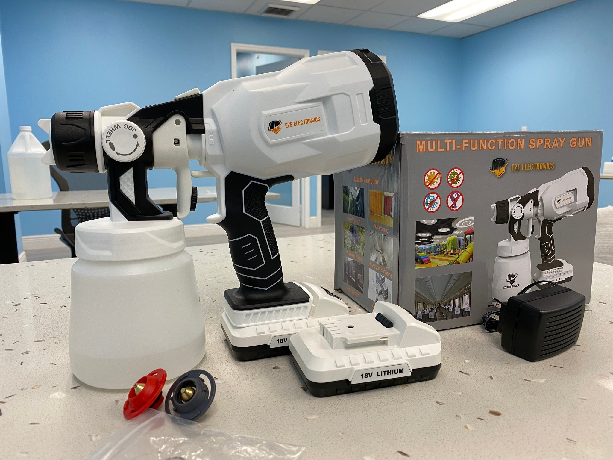 EZE Electronics Cordless Multi-Function Spray Gun - Portable Handheld Disinfectant Sprayer for Home, Car & Outdoor Use (Black/White) - Perfect for Cleaning, Sanitizing & Disinfection