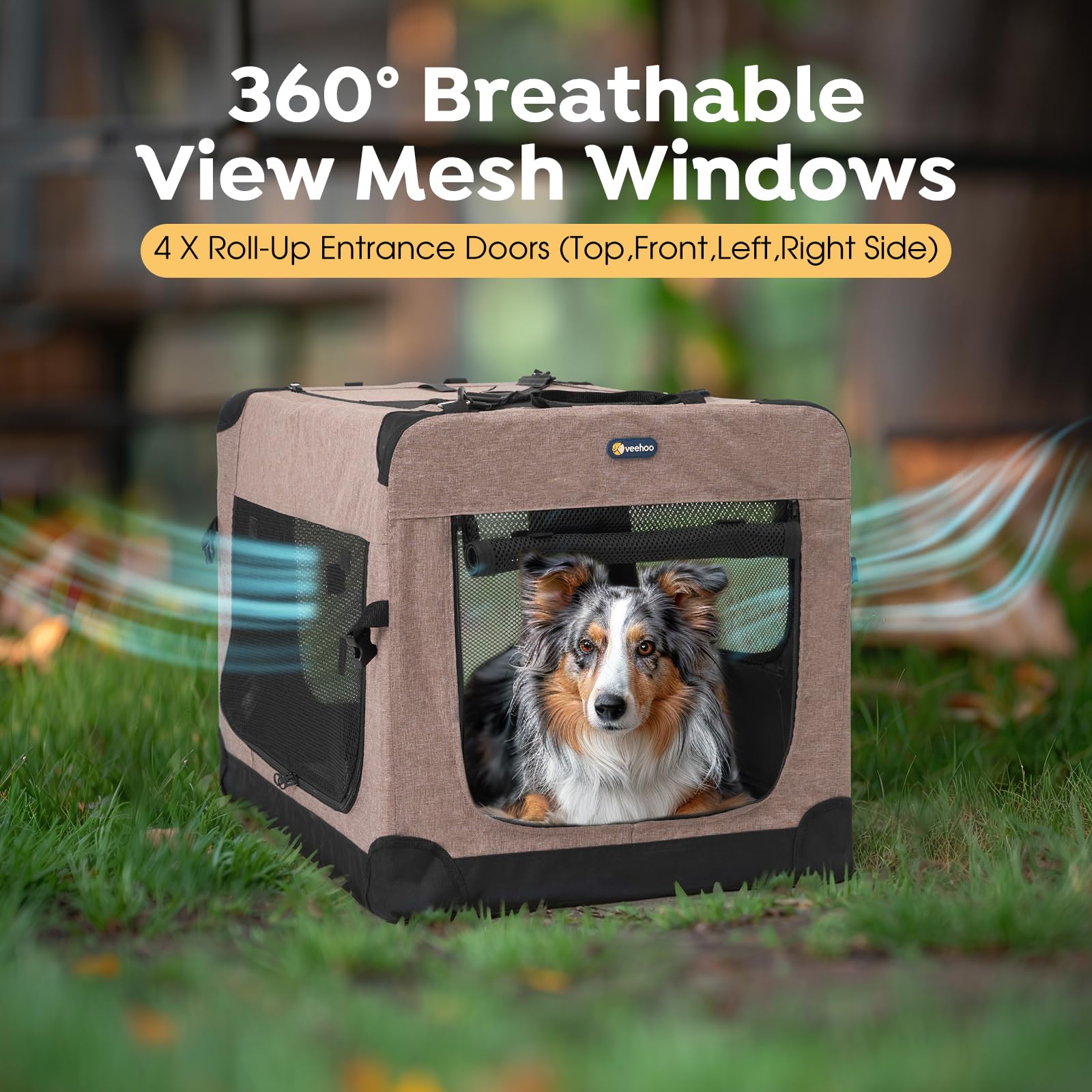 **Veehoo 36 Inch Folding Soft Dog Crate - 4-Door Portable Collapsible Pet Kennel for Large Dogs - 5 Durable Mesh Screens & 600D Oxford Fabric - Indoor & Outdoor Use - Brown (CWB2428CP) - Perfect for Travel, Camping, and Home Use**