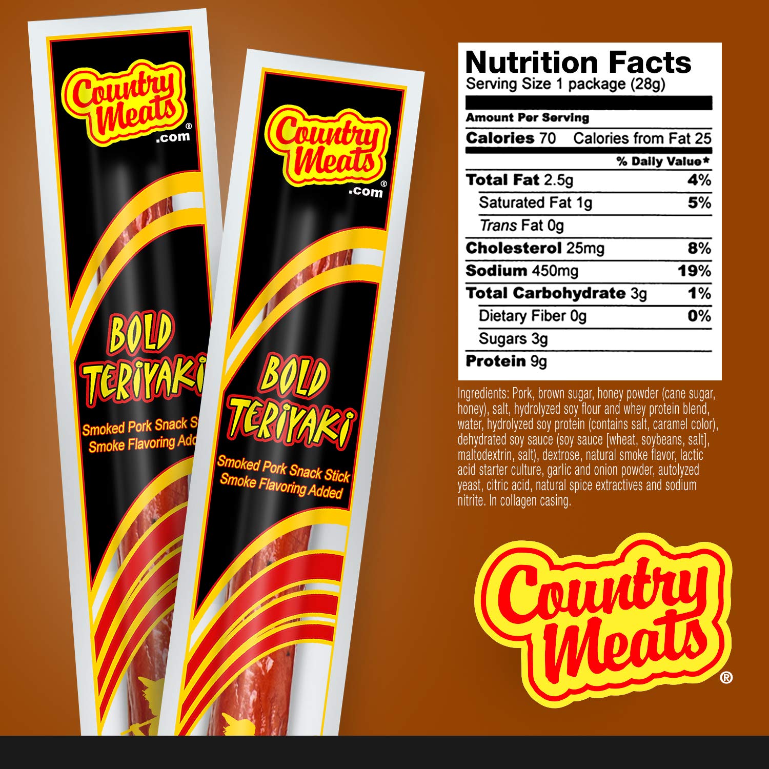 USDA Certified Meat Sticks - Bold Teriyaki Flavor, 0 Trans Fat, High Protein & Low Carb Snack (10 Pack) | Perfect for Hiking, Camping & On-the-Go Nutrition