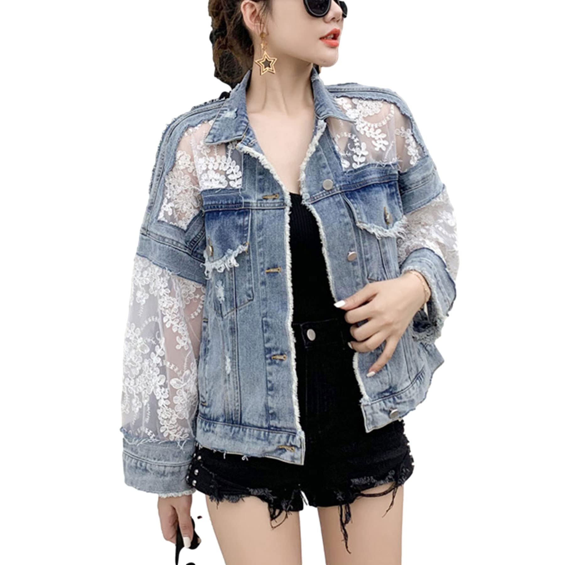 Vintage Floral Embroidery Distressed Denim Jacket for Women - Oversized Retro Lace Jean Coat | Boho Chic Outerwear for Spring, Fall & Casual Outings