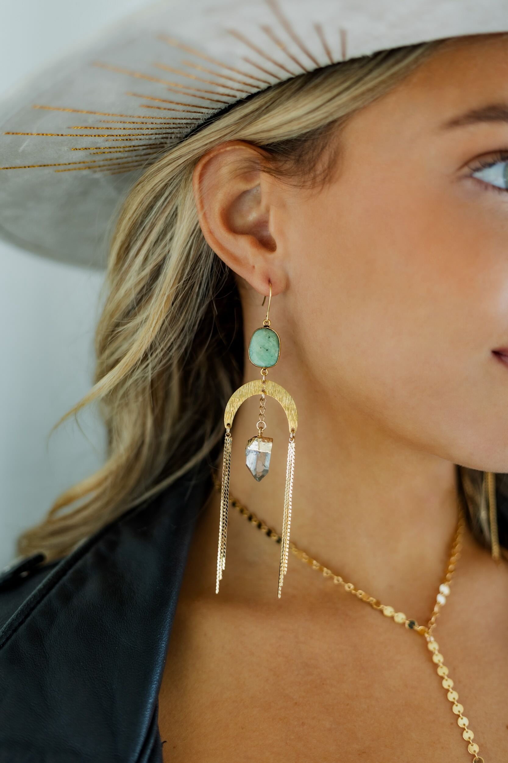 Love Reigns Chrysoprase & Quartz Gold Arch Earrings - Elegant Dangle Earrings for Women, Perfect for Weddings, Parties & Special Occasions