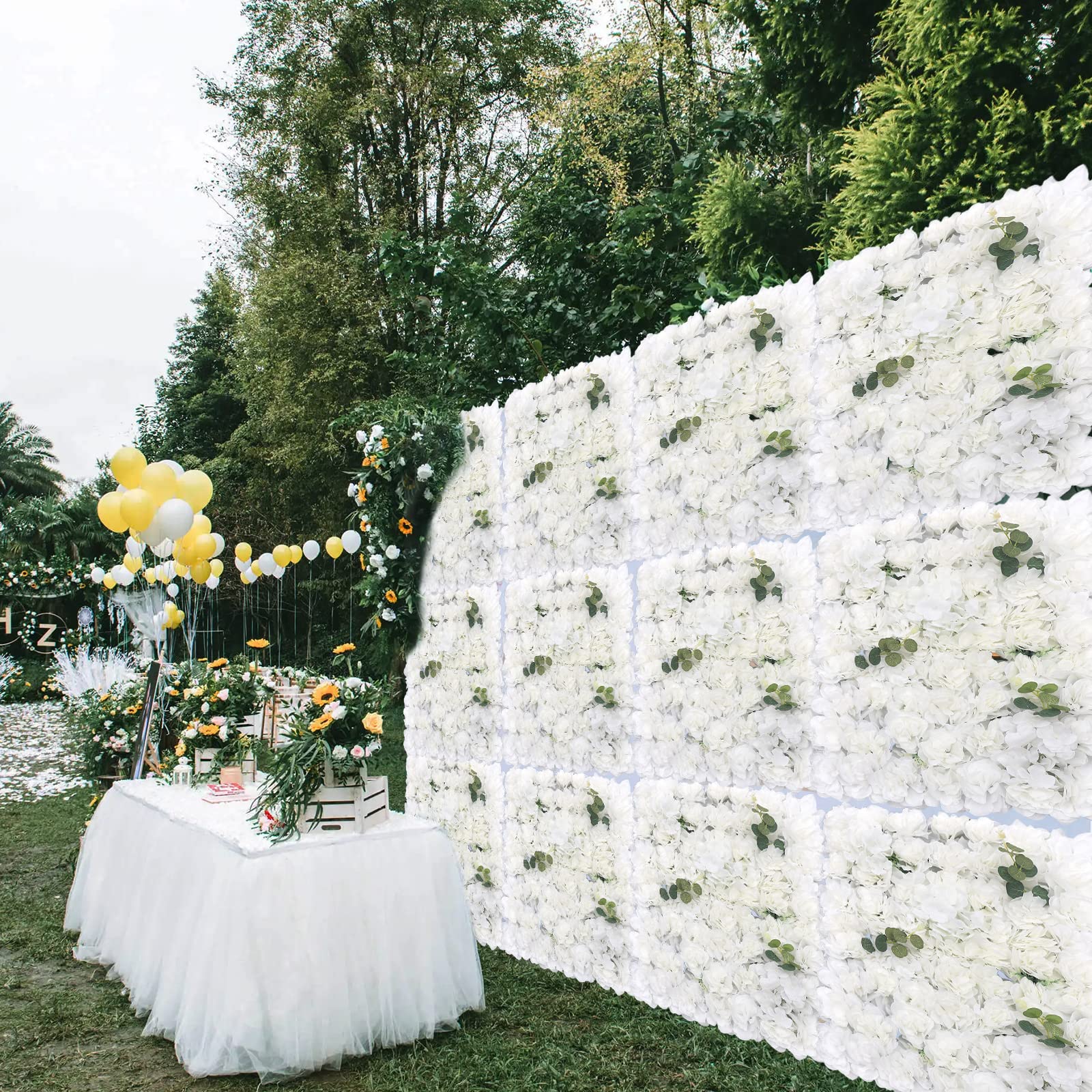 12pcs Artificial Silk Flower Wall Panel - White Rose Floral Backdrop for Wedding, Bridal Shower, Baby Shower, Party Decor, Salon & Home Decoration (23.62