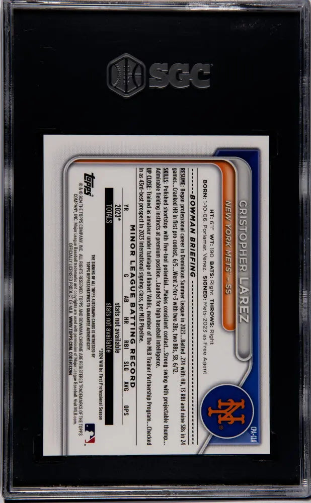 2024 Bowman Chrome Cristopher Larez Purple Refractor #/250 Auto SGC 9.5 - Rare Baseball Card for Collectors & Investors - Perfect for Display Cases, Trading, and Portfolio Growth