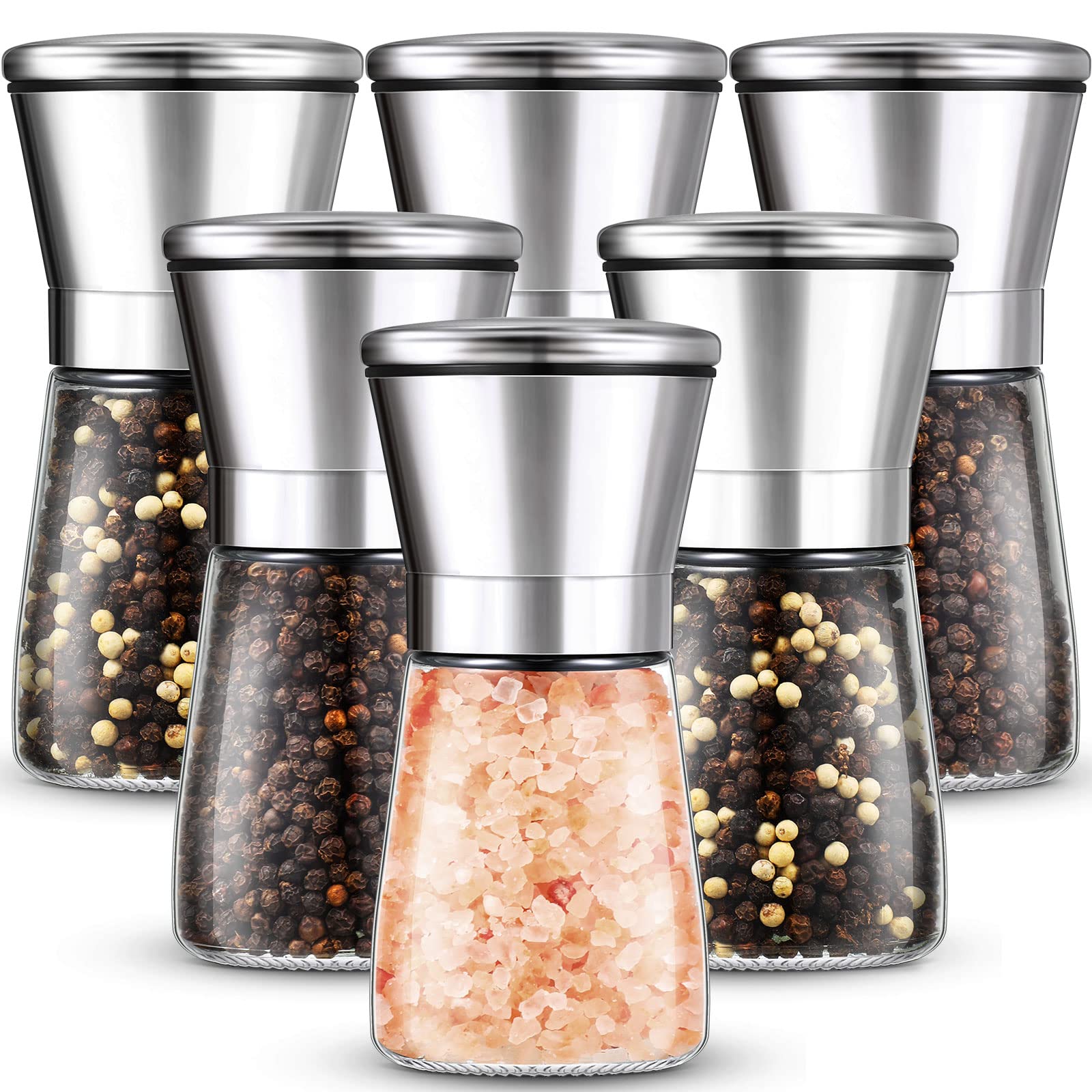 Premium Set of 6 Stainless Steel Salt and Pepper Grinders - Adjustable Ceramic Spice Mill with Refillable Glass Bottle (6.3 oz) - Perfect for Kitchen, Dining Table & Gourmet Cooking