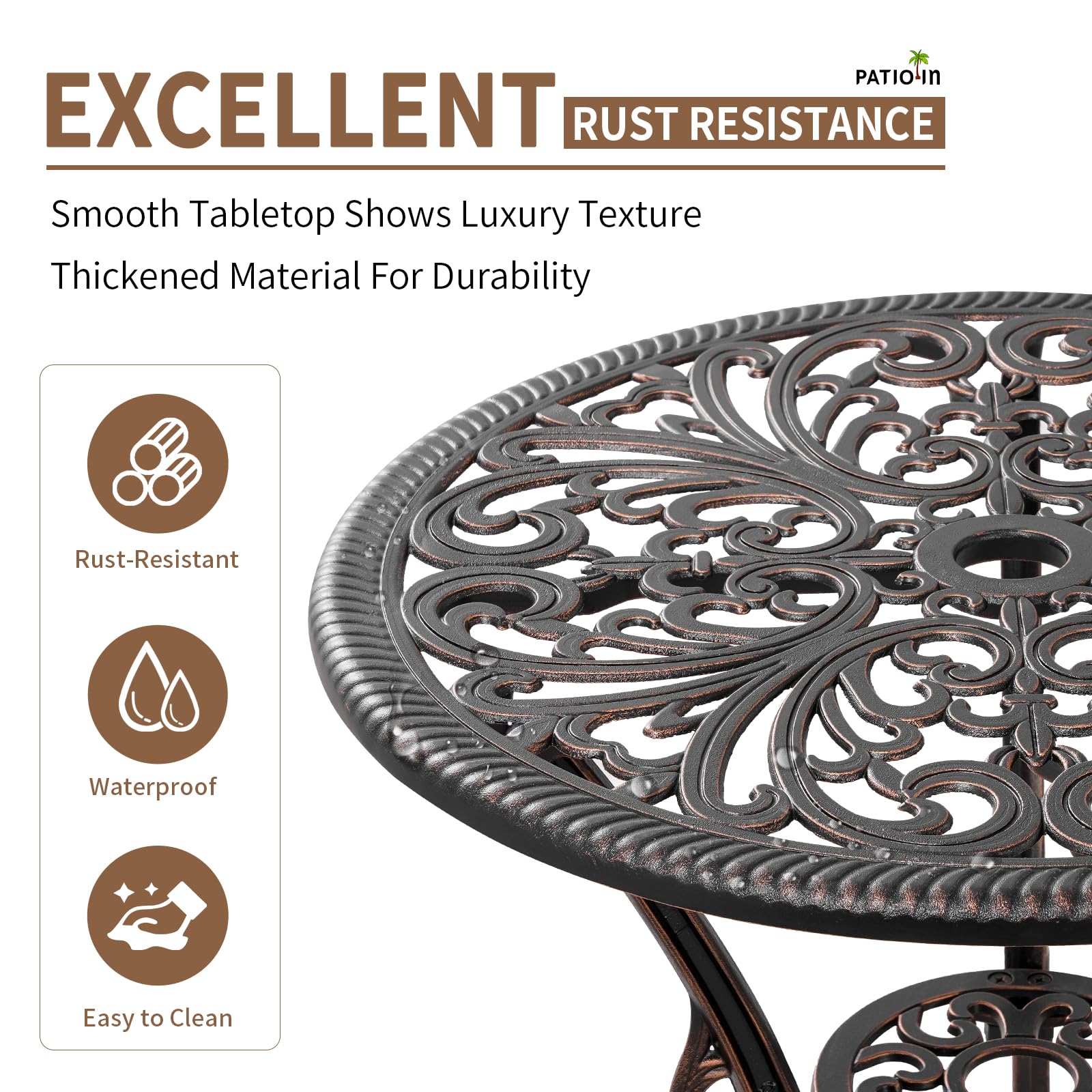 3 Piece Cast Aluminum Bistro Set - Bronze Outdoor Dining Table with 2 Chairs, Patio Furniture for Backyard, Balcony & Deck - Includes 1.97