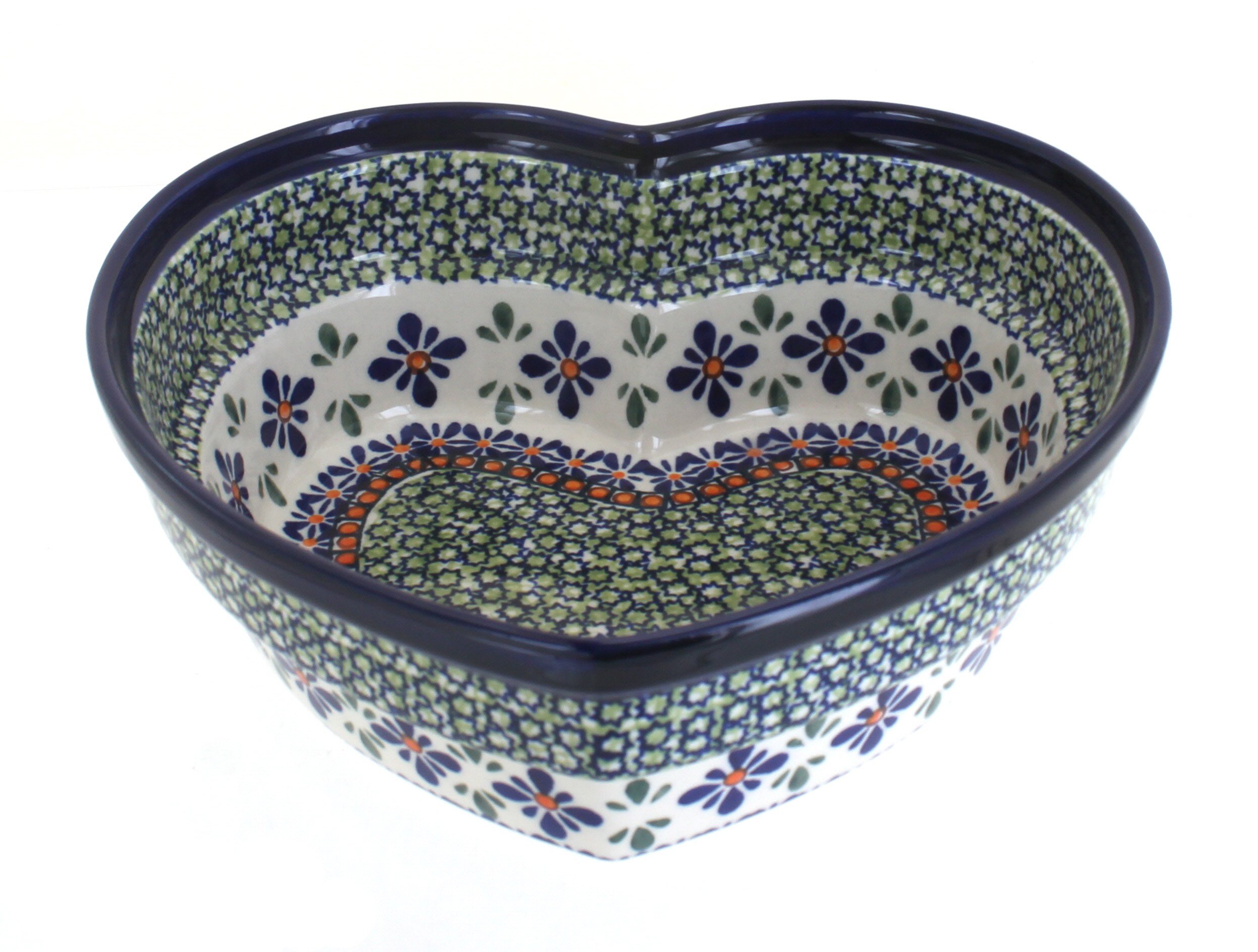 Blue Rose Polish Pottery Mosaic Flower Large Heart Bowl - Handmade Ceramic Decorative Serving Bowl for Home Decor, Wedding Centerpiece, Gift Idea | Perfect for Dining Table, Kitchen Display & Special Occasions
