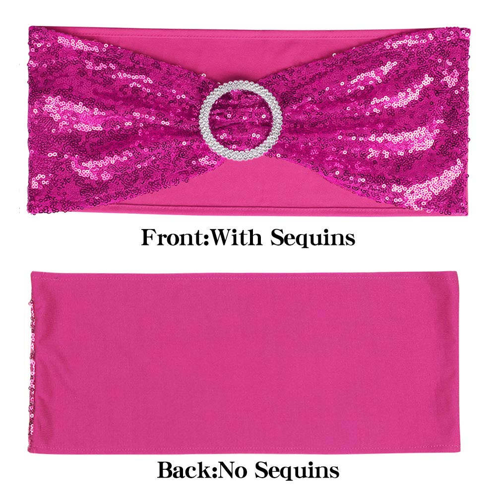 25-Pack Sequin Stretchy Spandex Chair Sashes - One-Sided Glitter Bows for Wedding, Party & Home Decor - Hot Pink | Perfect for Chair Covers, Table Runners & Event Decorations