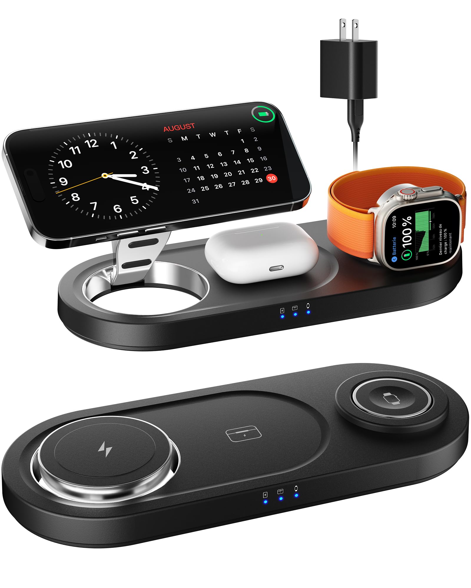 3-in-1 Magnetic Wireless Charger Stand for iPhone 16/15/14/13/12 Series, AirPods Pro & Apple Watch - Fast MagSafe Charging Station with Nano Technology - Perfect for Bedside, Office Desk & Travel (Black)