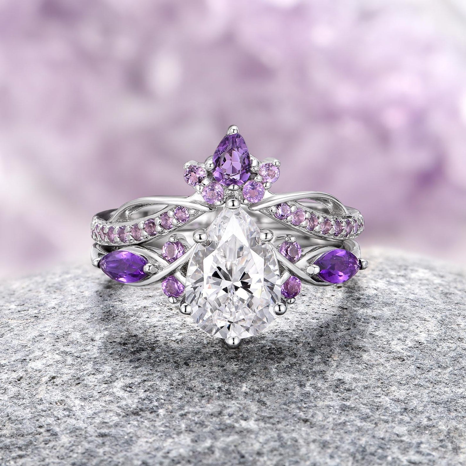 Feyre Amethyst & Diamond (CZ) Leaf Couples Ring - Matching Wedding Bands, Anniversary Gift for Her & Him, Romantic Jewelry for Couples