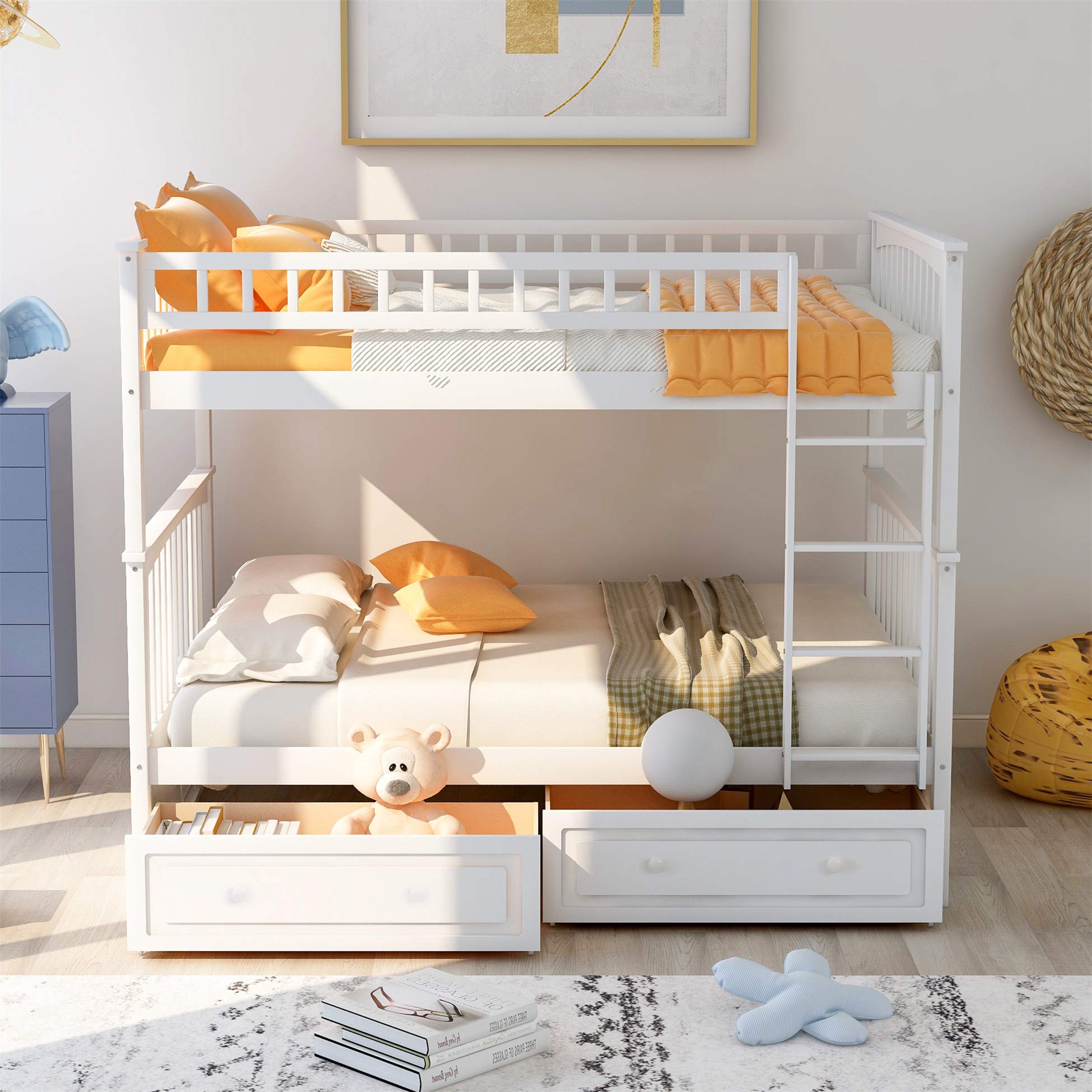 Harper & Bright Designs Full Over Full Bunk Bed with Storage Drawers - Solid Wood Bunk Bed Frame in White - Perfect for Kids' Bedrooms, Guest Rooms & Space-Saving Solutions
