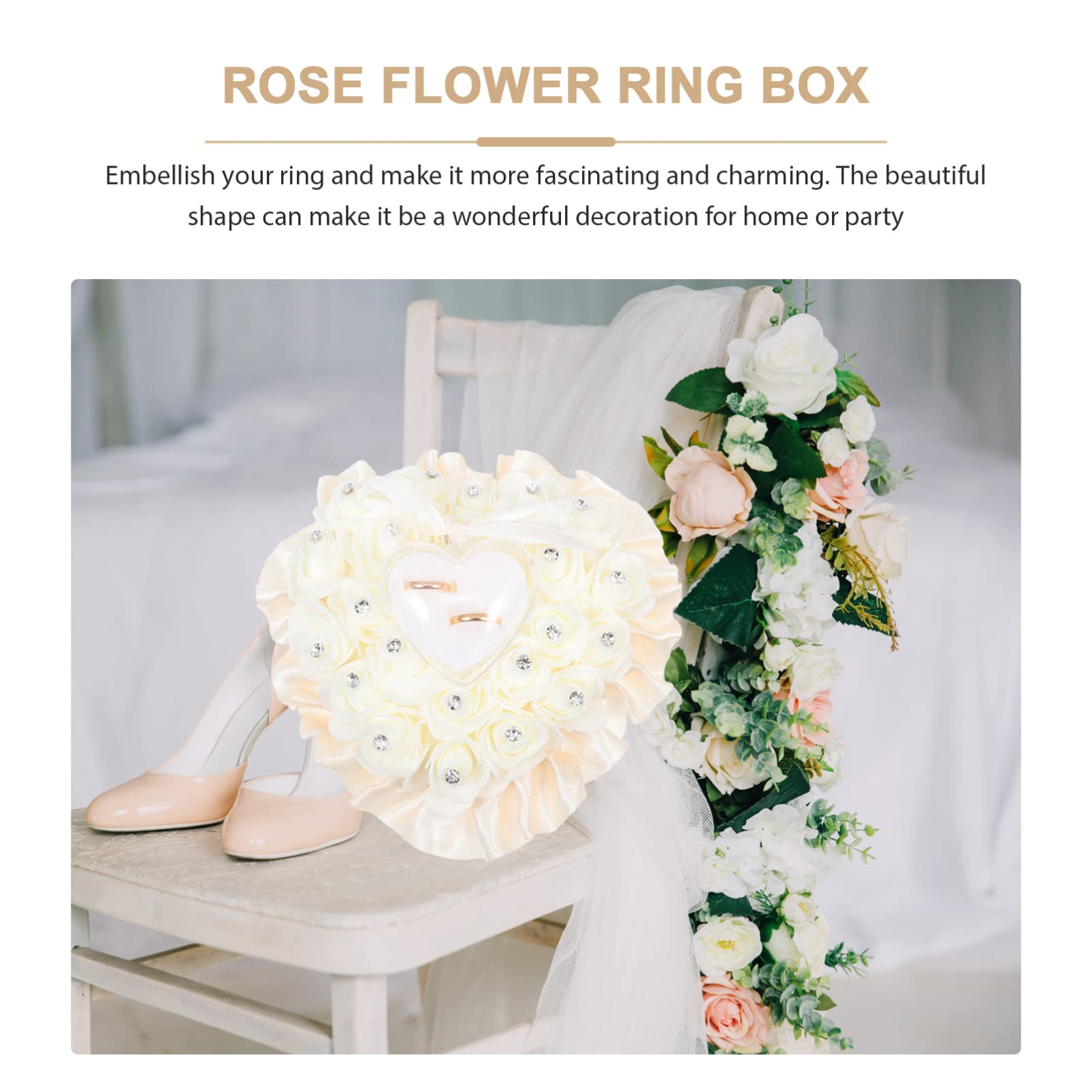 Elegant Rose Ring Pillow with Lace & Crystal - Heart-Shaped Wedding Ring Box Cushion for Ring Bearer - Perfect for Wedding Ceremony, Proposal & Bridal Jewelry Gift - Beige Romantic Wedding Accessory