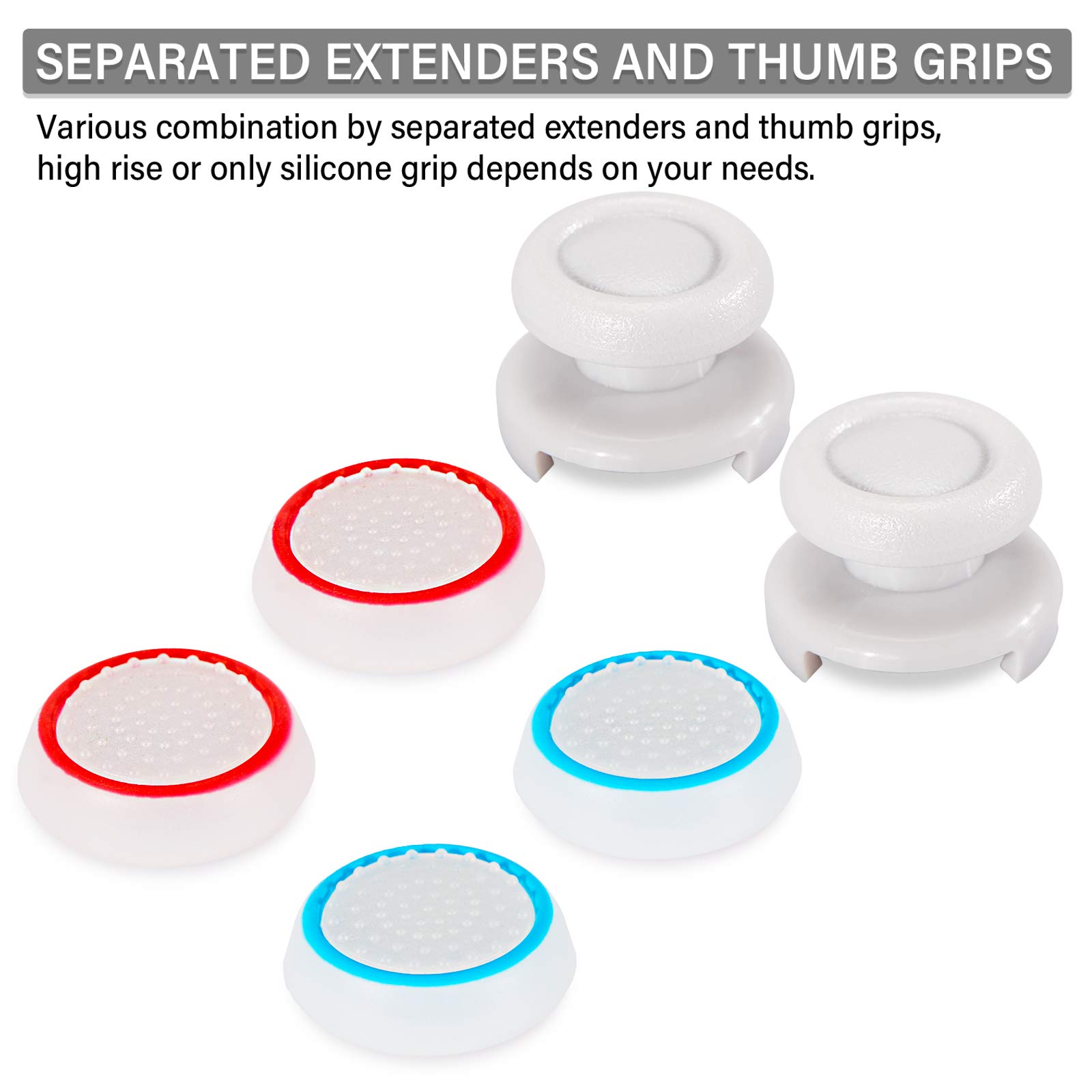Playrealm FPS Thumbstick Extender & 3D Textured Silicone Grip Cover Thumb Grips for PS5 DualSense & PS4 Controller (Glow in The Dark Transparent Red Blue) - Enhance Gaming Precision for FPS, Racing & Competitive Play