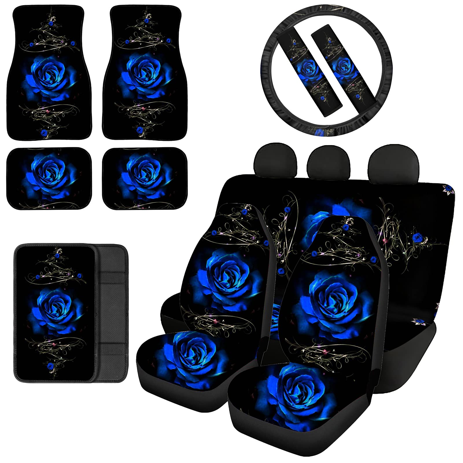 JEOCODY 12-Piece Blue Rose Car Interior Accessories Set - 4 Seat Covers, 4 Floor Mats, Steering Wheel Cover, Armrest Pad & Seatbelt Pads | Universal Fit for Sedans, SUVs & Trucks | Stylish Floral Car Decor for Women Drivers