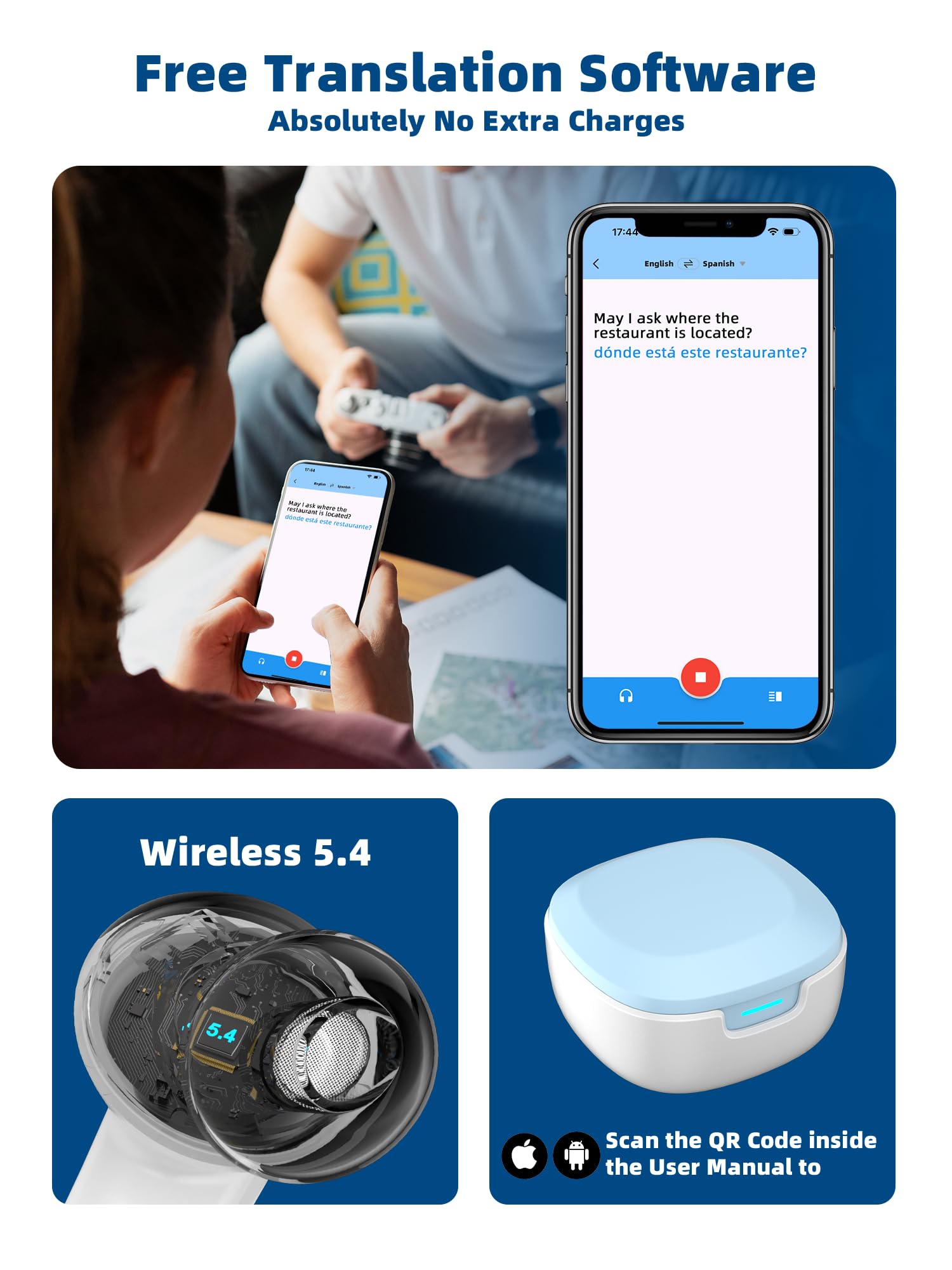 Wireless AI Translation Earbuds - Real-Time English Spanish Translator Headphones for iPhone & Android | Perfect for Travel, Business Meetings & Language Learning