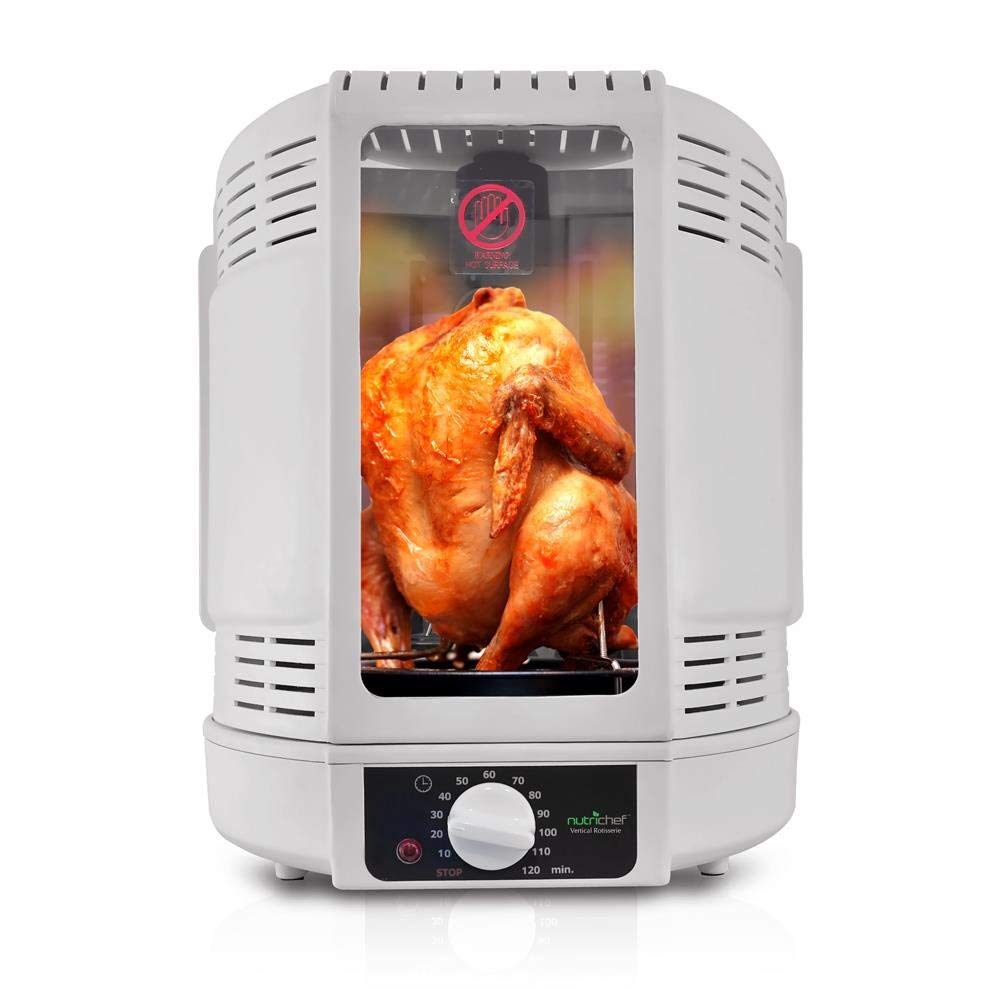 NutriChef PKRT15 Vertical Rotisserie Oven - Electric Rotating Shawarma & Kebab Grill Machine with Skewers, Roasting Rack, Poultry Tower & Drip Pan - Perfect for Chicken, Turkey, Lamb & Meat - White Countertop Oven for Home Kitchen, Restaurants & Outdoor BBQ Parties