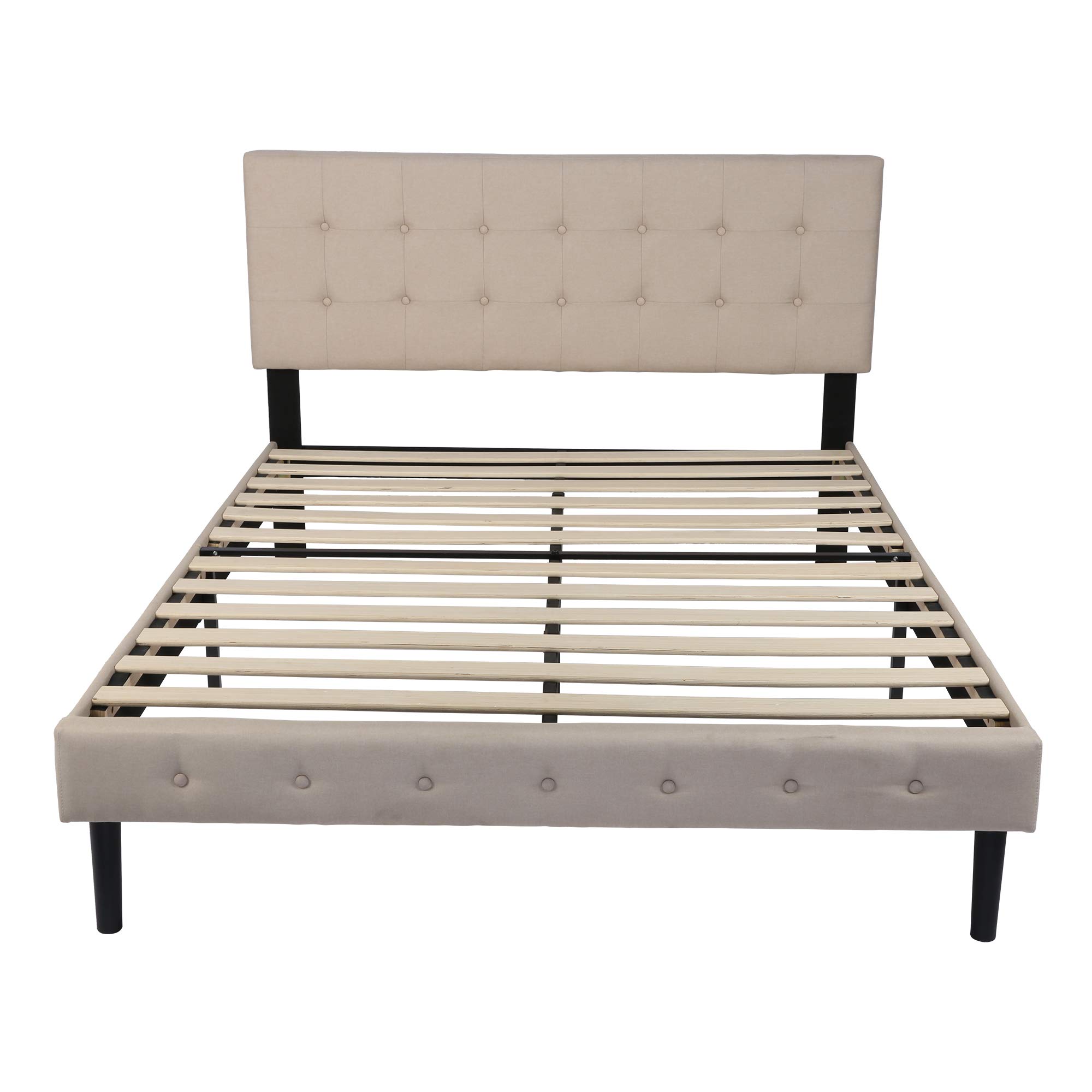 14 Inch Upholstered Platform Bed Frame with Headboard - Full Size Wood Slat Support Mattress Foundation, No Box Spring Needed, Beige Fabric - Perfect for Modern Bedrooms, Guest Rooms & Small Spaces