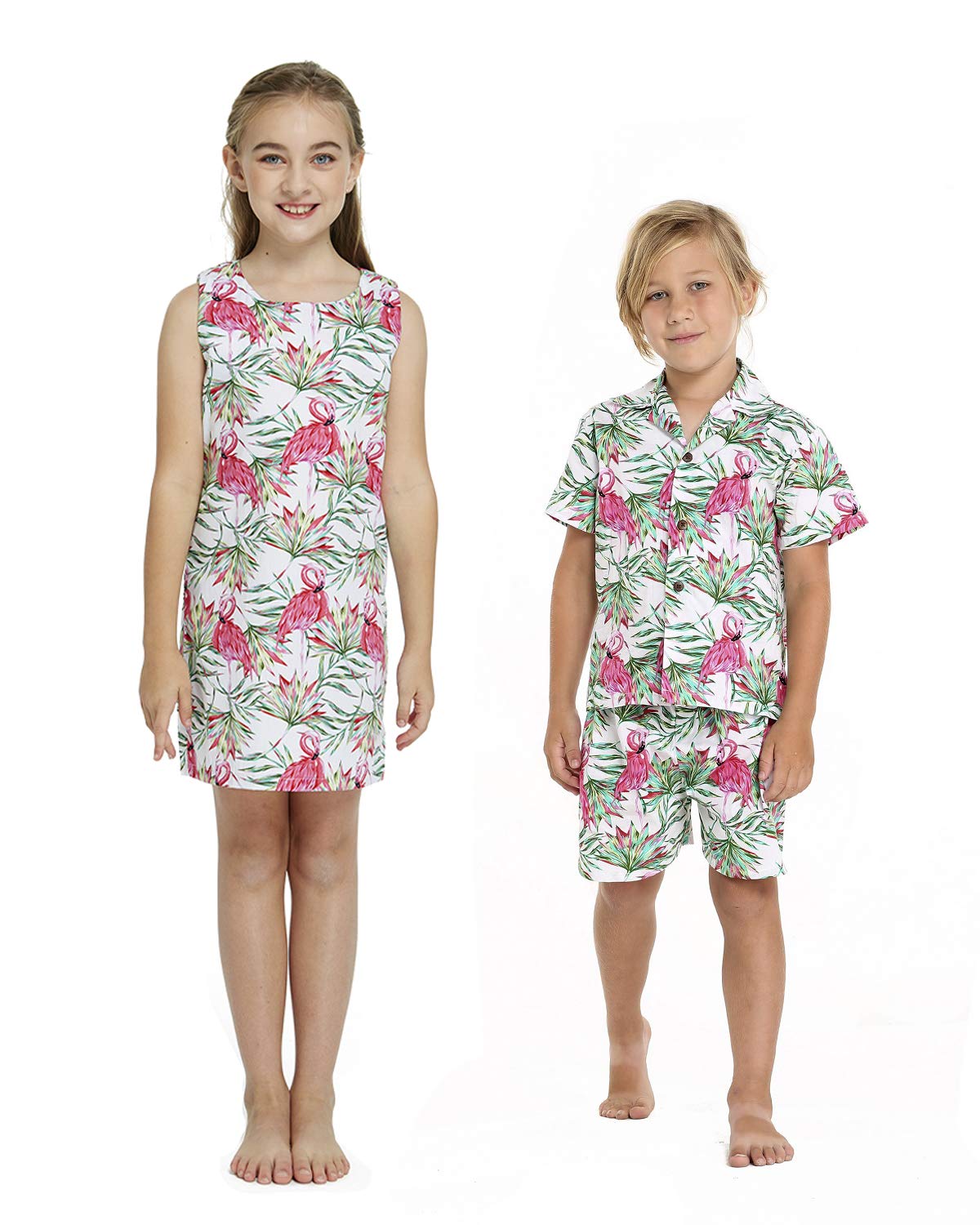 Hawaiian Luau Matching Siblings Outfit - Flamingo in Love Girl Tank Dress & Boy Shirt for Beach Party, Family Vacation, and Summer Photoshoots