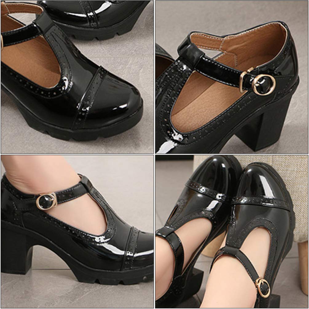 Holibanna Women's Mary Jane Shoes - Classic Platform Mid Heel Oxfords with Buckle | Comfortable Round Toe Dress Shoes for Work, Office & Formal Occasions