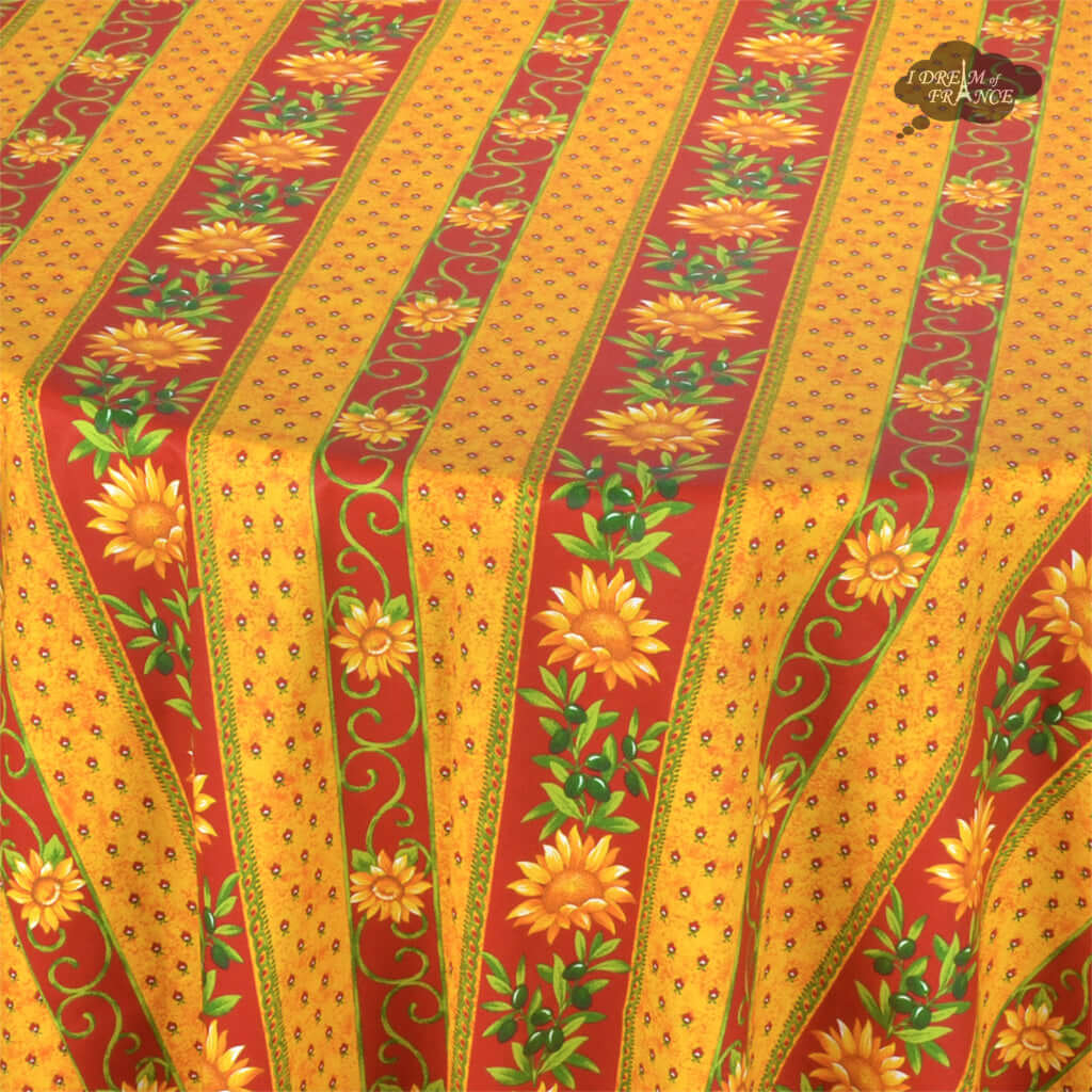 Le Cluny 90 Round Sunflower Red Acrylic Coated Cotton Provence Tablecloth - Waterproof & Stain-Resistant for Outdoor Dining, Picnics, and French Country Decor