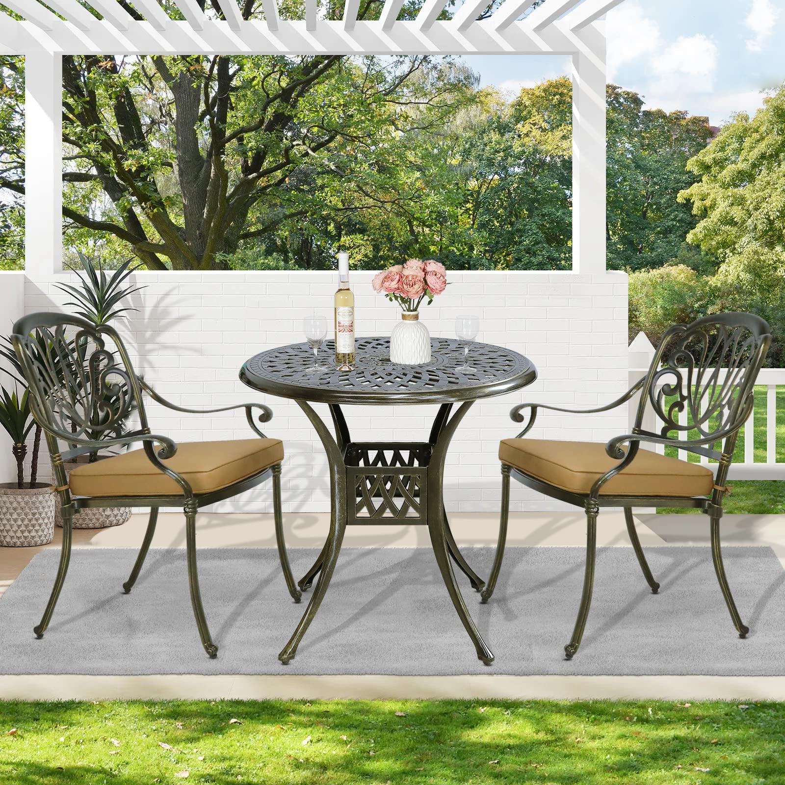 MEETWARM 3-Piece Outdoor Patio Bistro Set - All-Weather Cast Aluminum Dining Furniture with 2 Cushioned Chairs & 31