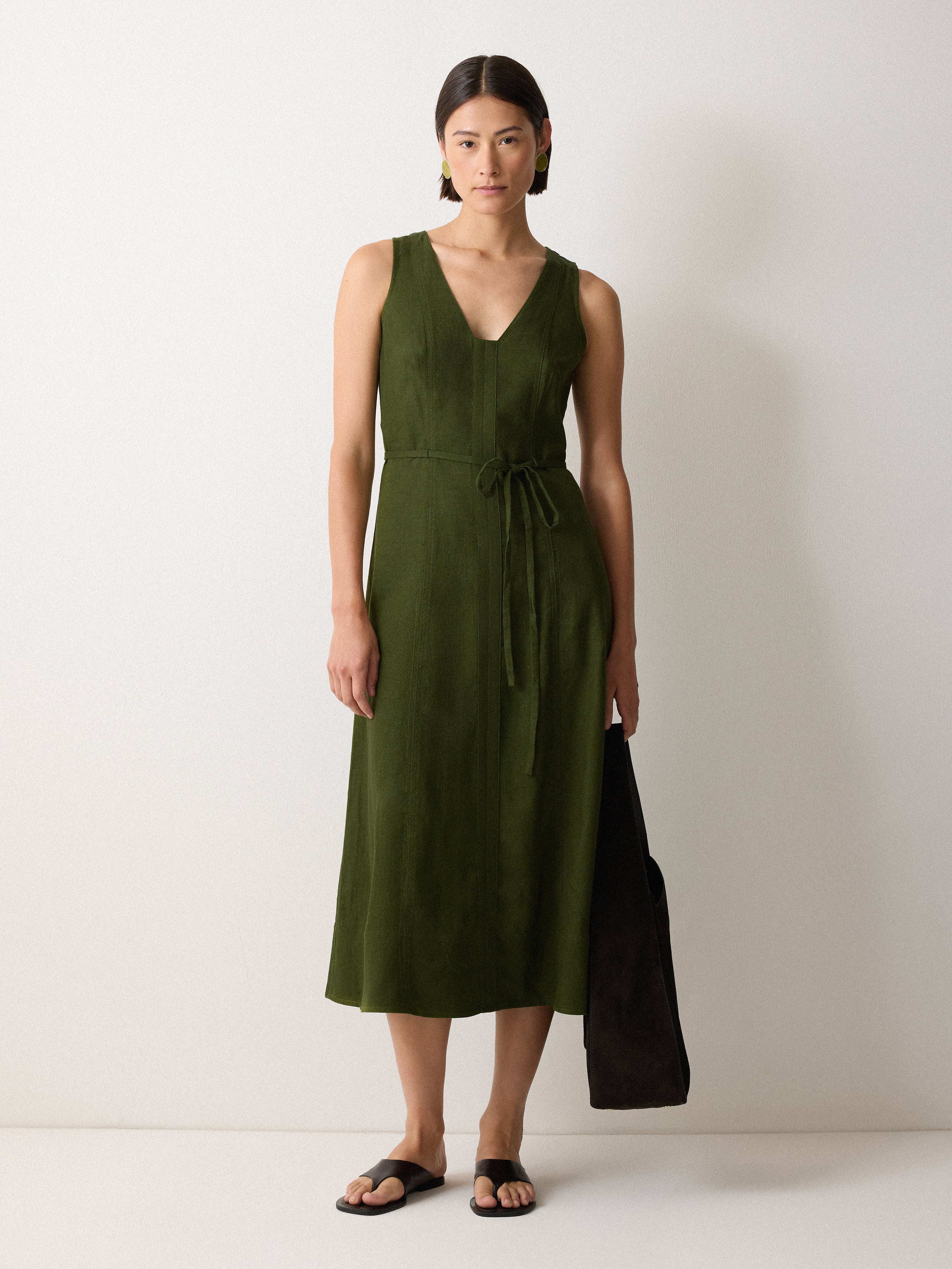Breathable Linen Viscose Blend Stitch Dress in Green | Summer Casual Dress for Women | Perfect for Beach Vacations, Brunch Dates & Outdoor Weddings