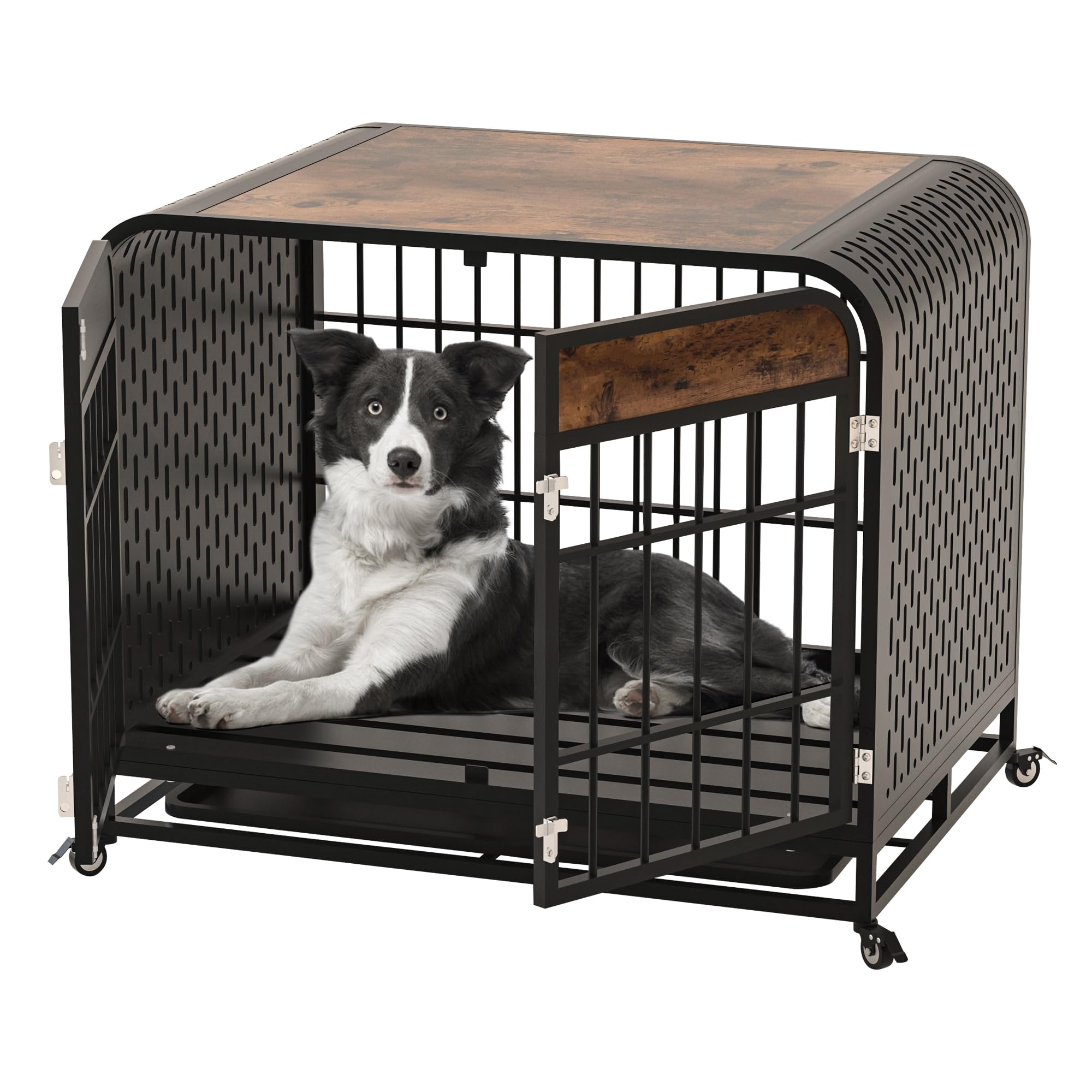 Heavy Duty 42 Inch Large Dog Crate - Wooden Furniture Style Kennel with Table Top | Rustic Brown Indoor Dog House for Living Room, Bedroom & Office Use