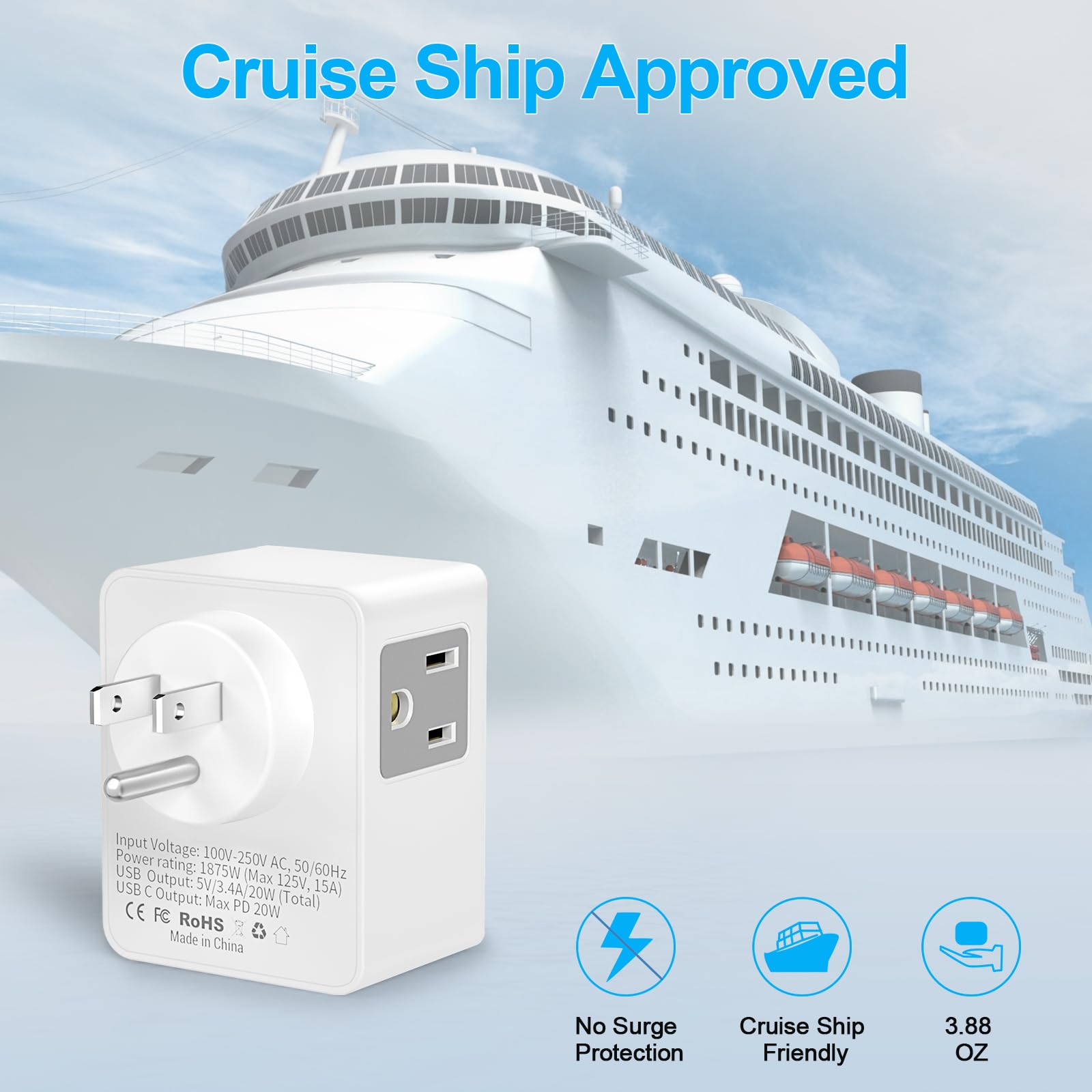 Multi Plug Outlet Extender with Night Light & 20W USB-C Fast Charging - 3 AC Outlets & 3 USB Ports Wall Charger Adapter (No Surge Protection) - Perfect for Cruise Ships, Travel, Home & Office Use - Essential Power Strip for Phones, Laptops & Small Appliances