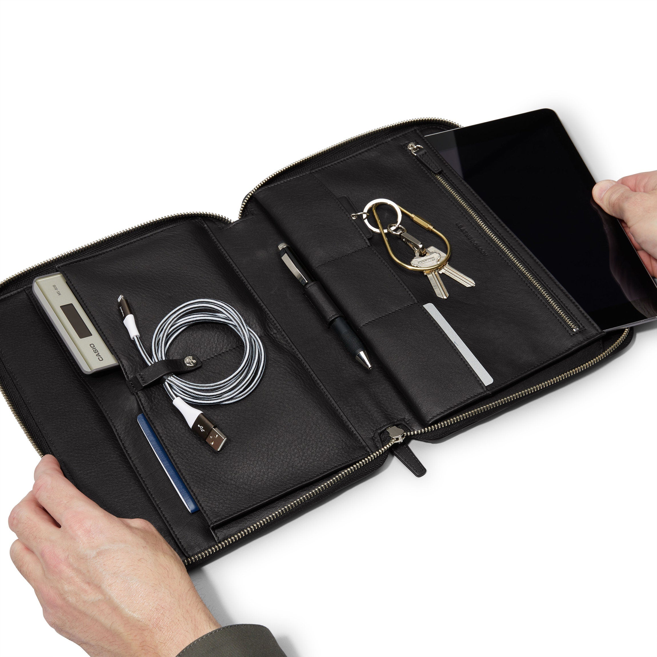 Tech Folio Black Onyx - Premium Leather Laptop Briefcase for Business & Travel | Slim Professional Portfolio with Multiple Pockets | Perfect for Work, Office, and Business Trips