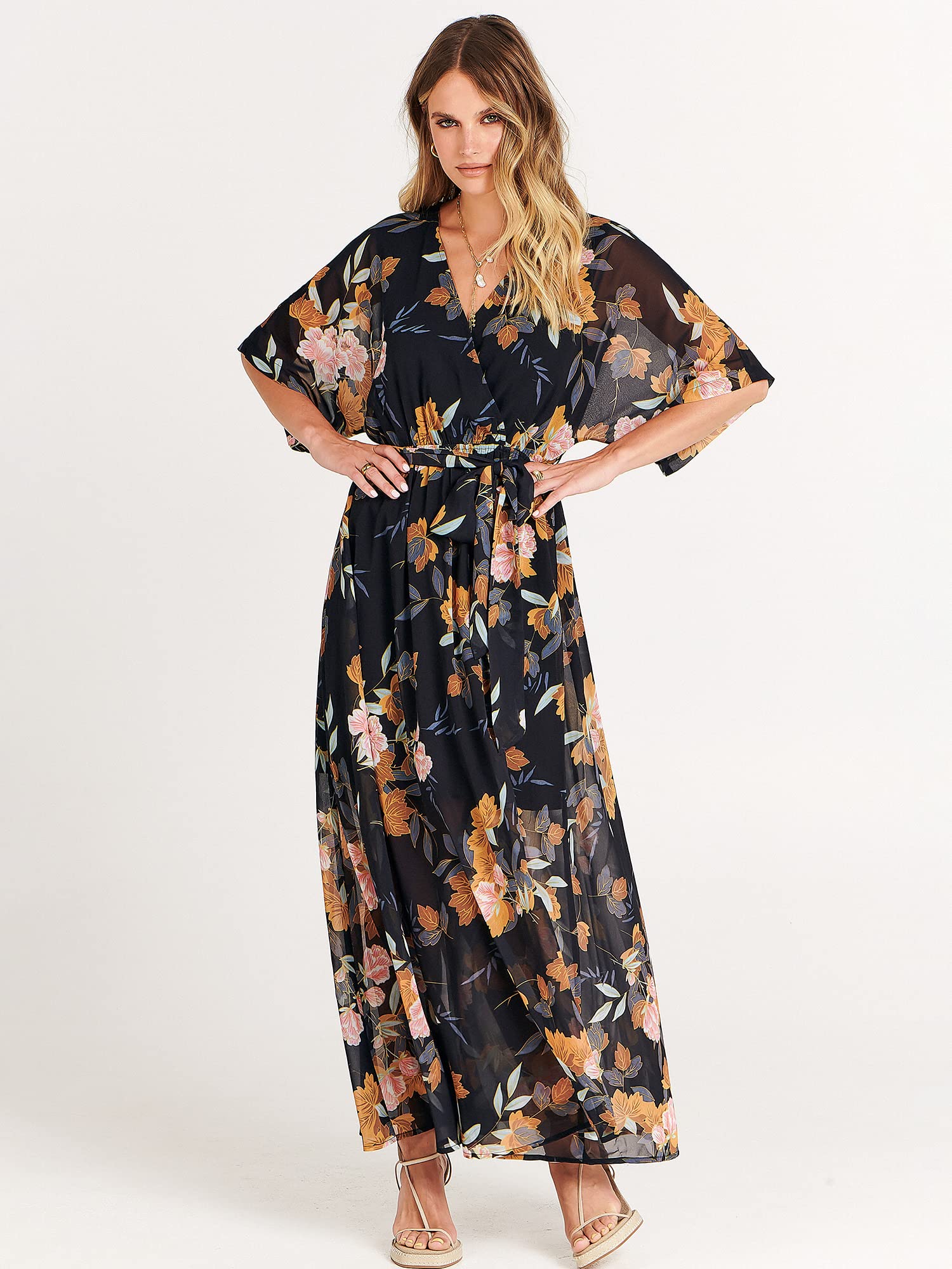 ANRABESS Women's Floral Print Boho Maxi Dress - Loose Wrap V-Neck 3/4 Sleeve Beach Wedding Guest Long Dress for Summer 2024 | Perfect for Vacations, Parties & Casual Outings