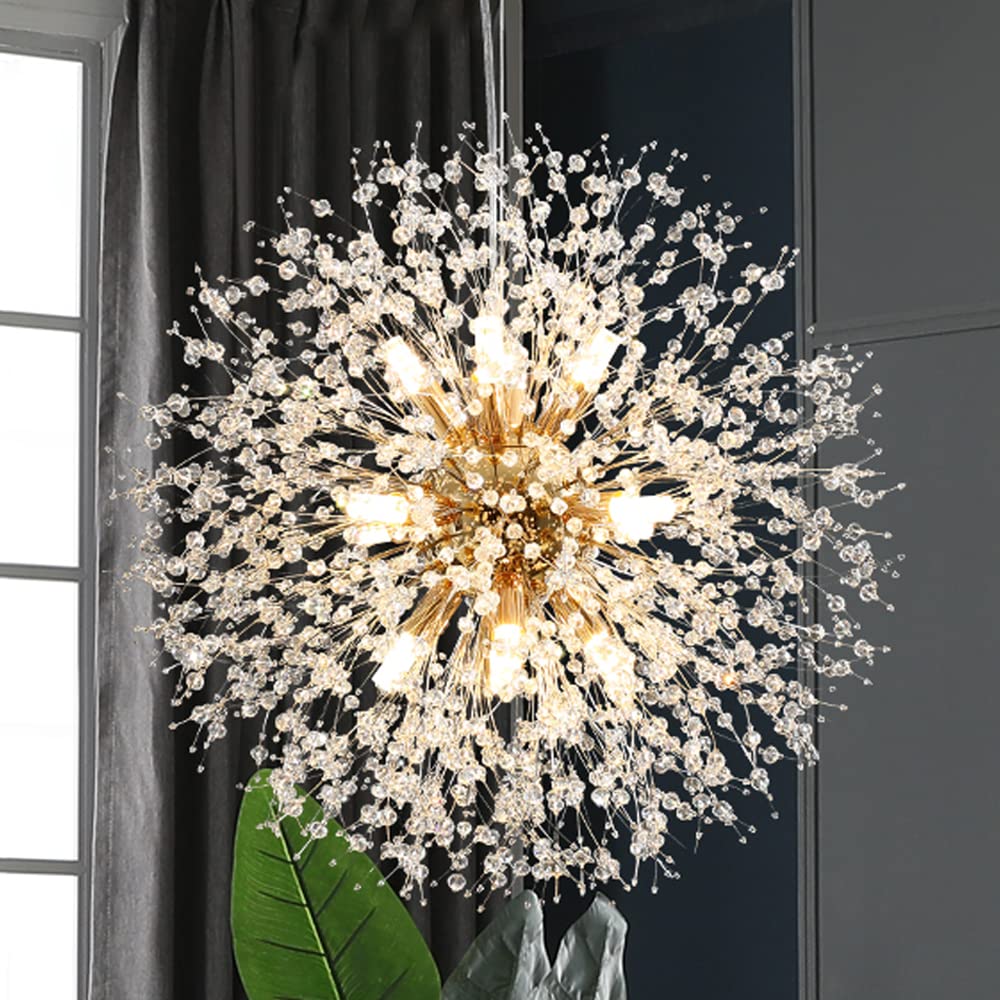 12-Light Modern Gold Crystal Chandelier - Dandelion Firework Design Ceiling Light Fixture for Bedroom, Dining Room & Living Room | Elegant Home Decor Lighting for Weddings, Parties & Luxury Interiors