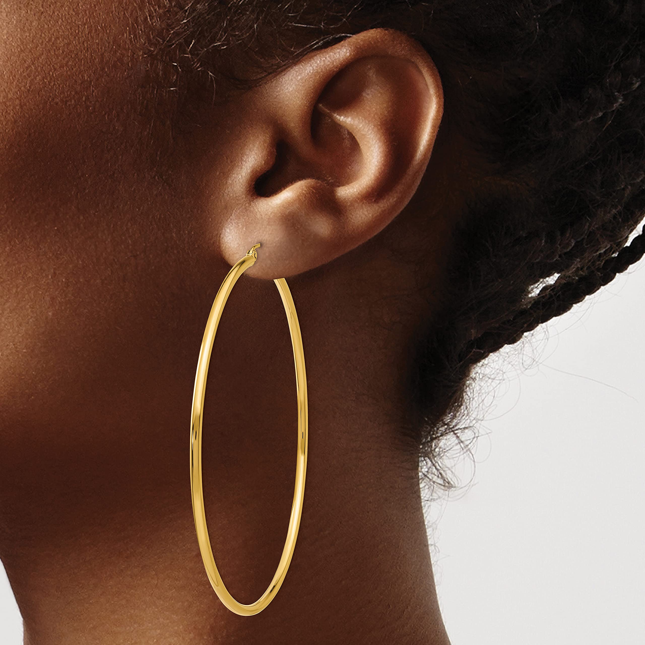 10K Yellow Gold Polished 2mm Tube Hoop Earrings for Women - 60mm Diameter Dainty Everyday Jewelry, Perfect for Work, Date Night & Special Occasions