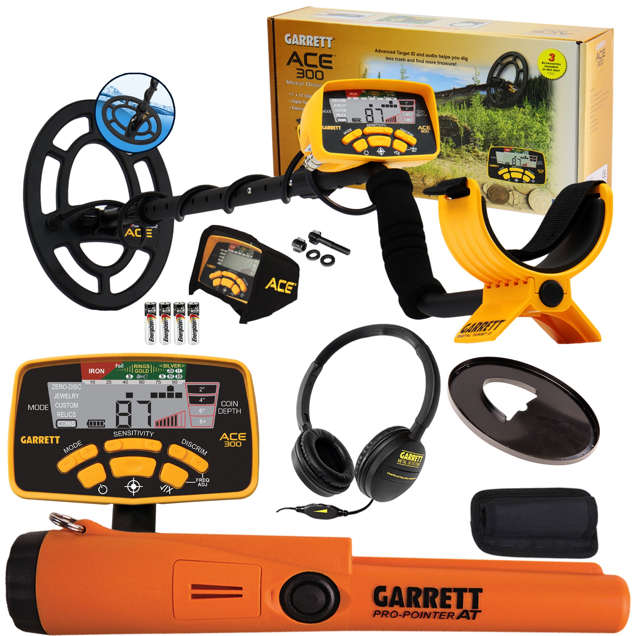 Garrett ACE 300 Metal Detector with Waterproof Search Coil & Pro Pointer AT - Professional Metal Detecting for Treasure Hunting, Beach, Park & Gold Prospecting