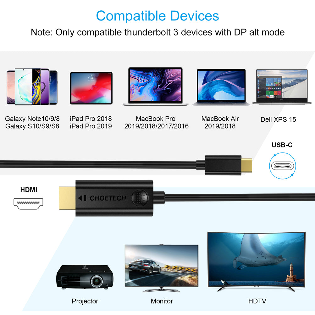 CHOETECH USB C to HDMI Cable 10ft (4K 30Hz, Thunderbolt 3 Compatible) for MacBook Pro/iPad Pro/Galaxy S10/S9/Note 10/Dell XPS - Perfect for Home Theater, Office Presentations & Gaming