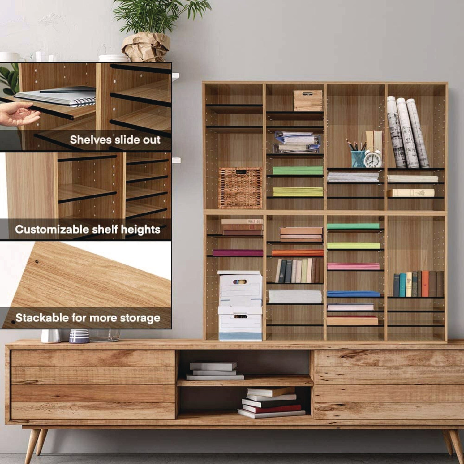 AdirOffice Wooden Adjustable 36-Compartment Letter Size Literature Organizer - Medium Oak (39.3