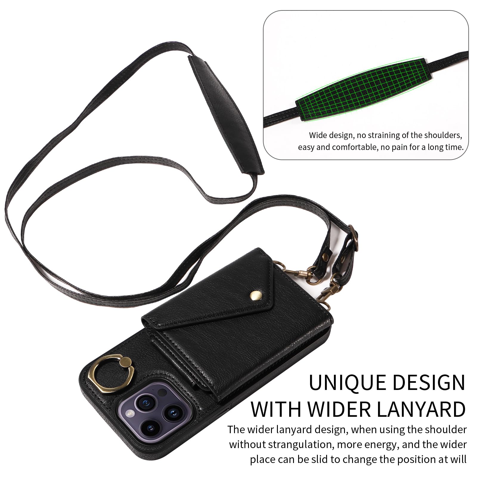 Premium Leather Crossbody Wallet Case for iPhone 15 Pro Max - Card Holder & Shockproof Flip Cover with Adjustable Long Shoulder Strap (Black) | Perfect for Travel, Shopping & Hands-Free Daily Use