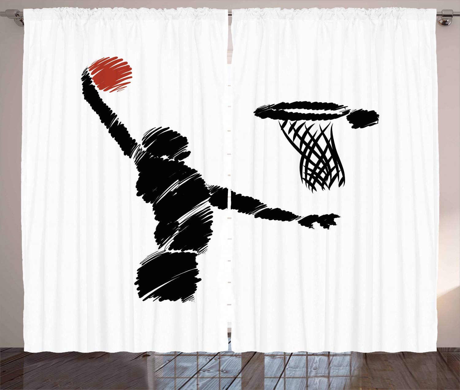 Ambesonne Youth Basketball Player Curtains - Freehand Drawing Style Jumping Athlete Training Artwork - 2 Panel Window Drapes for Living Room & Bedroom - 108