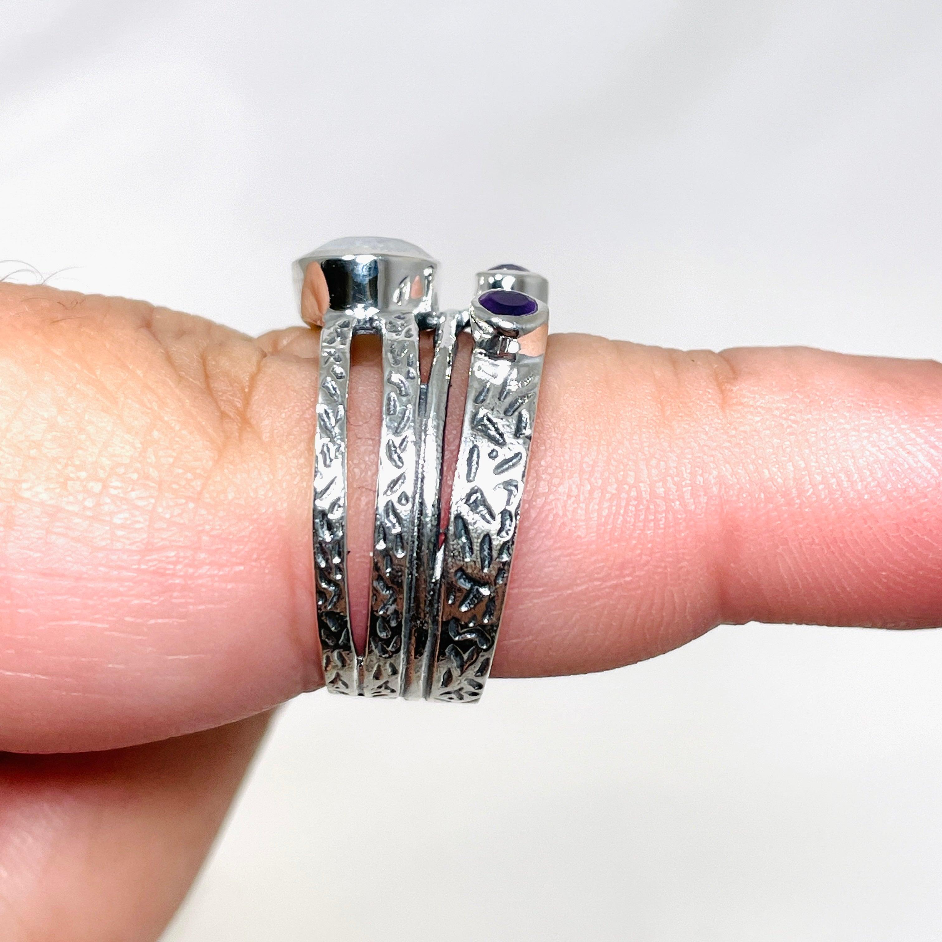 Moonstone & Amethyst Faceted Gemstone Ring R3783 - Elegant Handmade Jewelry for Women, Perfect for Weddings, Parties & Special Occasions