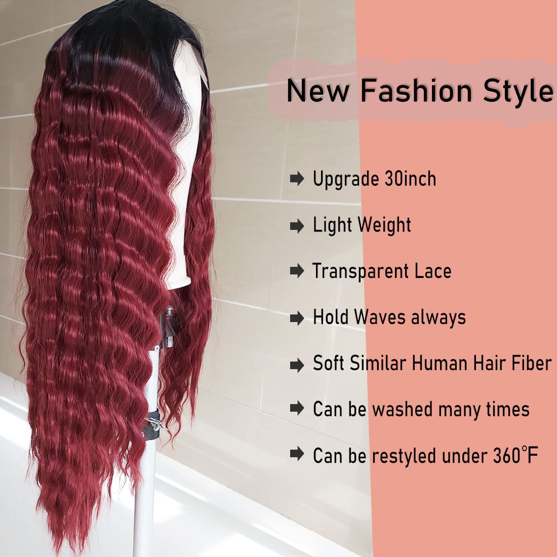 30 Inch Loose Deep Wave Synthetic Wig for Women - Long Curly Lace Front Wig with Simulated Scalp - Ombre Black Burgundy Color 1B/118 - Perfect for Cosplay, Parties & Everyday Glam