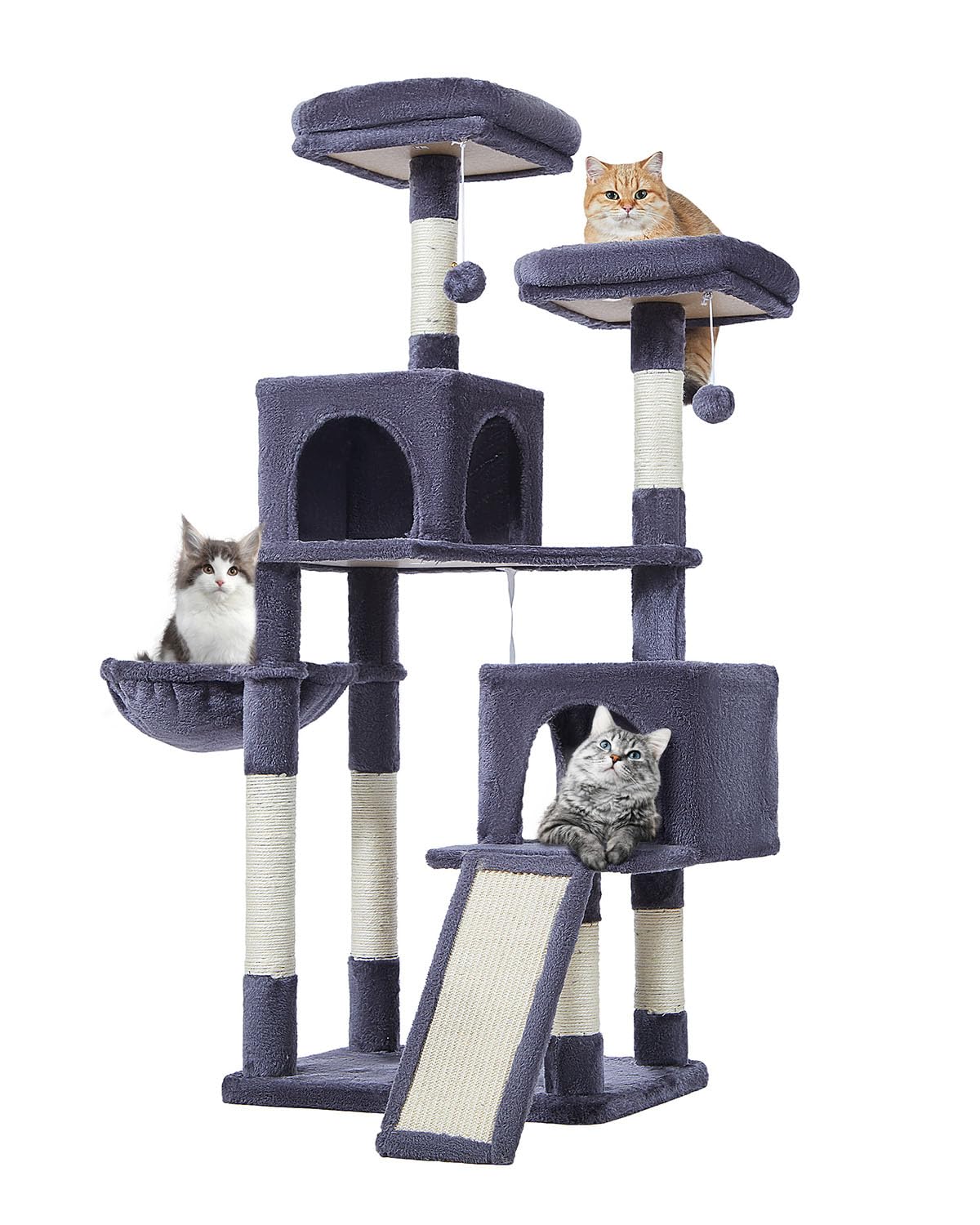56.3-Inch Cat Tree with Scratching Posts, Hammocks & Toys - Multi-Level Cat Tower for Indoor Cats, Large Condo & Scratch Board - Perfect for Play, Rest & Climbing (Smoky Gray)