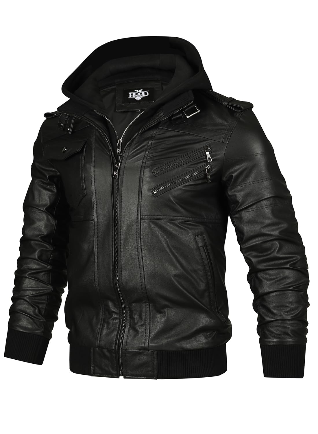 HOOD CREW Genuine Cowhide Leather Jacket for Men - Black Hooded Motorcycle Biker Jacket with Warm Lining | Perfect for Riding, Casual Wear & Outdoor Adventures