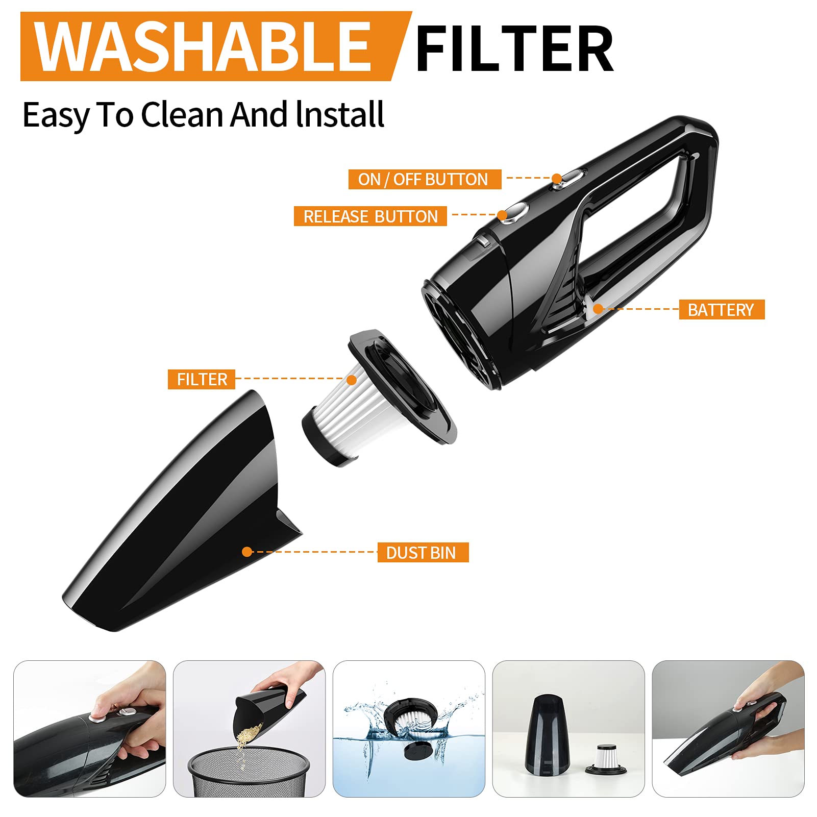 Powerful 7KPA Cordless Handheld Vacuum - Rechargeable Wet/Dry Portable Vacuum Cleaner with Cyclonic Suction & Quick Charge for Car, Home, Office Cleaning | Small & Lightweight for Easy Use