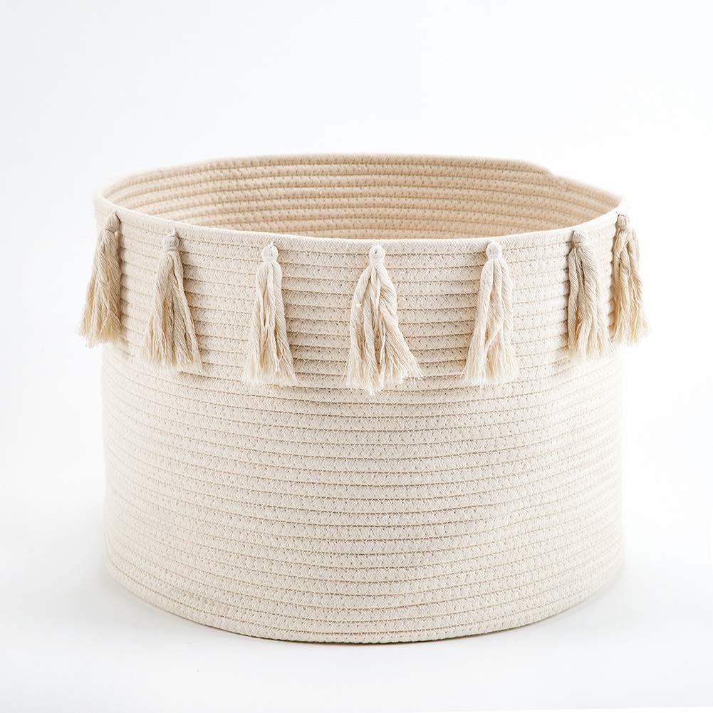 JIGUAN 45x30CM Cotton Rope Storage Basket - Multi-Purpose Organizer for Laundry, Toys, Snacks & Magazines - Beige Home & Nursery Hamper - Perfect for Kids Room, Living Room & Bedroom Organization