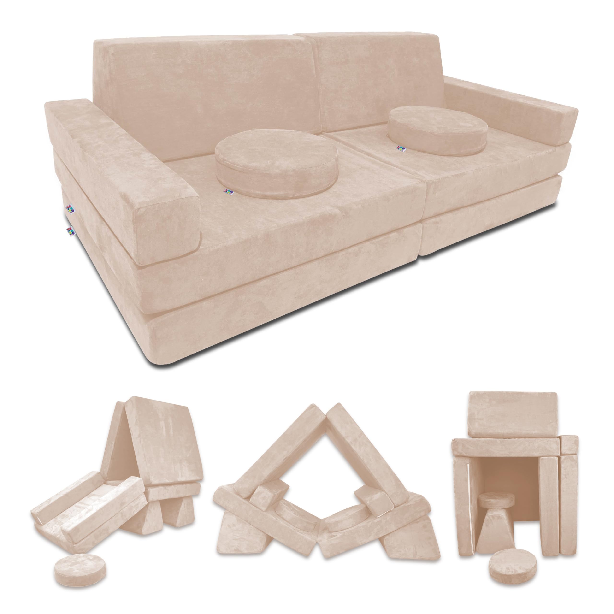 Mod Blox 10-Piece Soft Modular Play Couch for Kids - Convertible Sectional Sofa with Microsuede Covers & High-Density Foam Cushions | Toddler Playroom Furniture for Fort Building, Reading Nook & Imaginative Play (Beige)