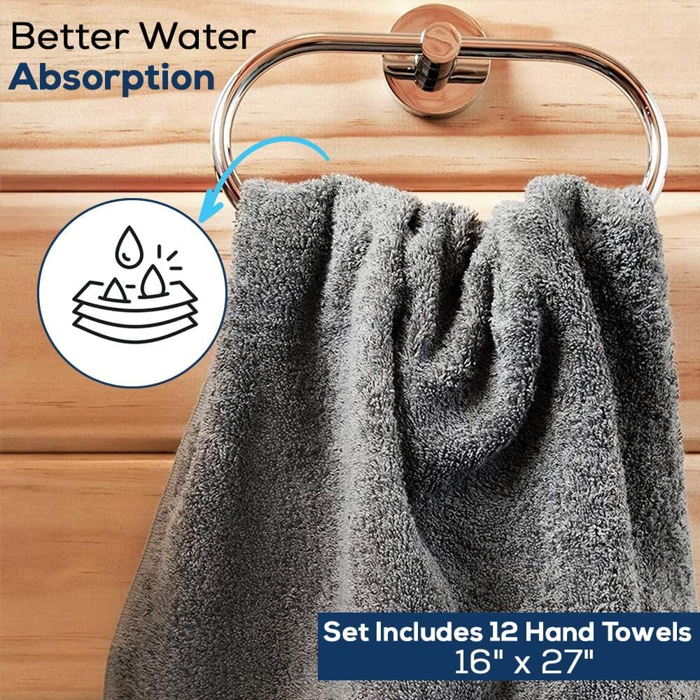 Simpli-Magic Premium Cotton Hand Towels - Soft & Absorbent, 12-Pack (Gray) - Perfect for Kitchen, Bathroom & Guest Use